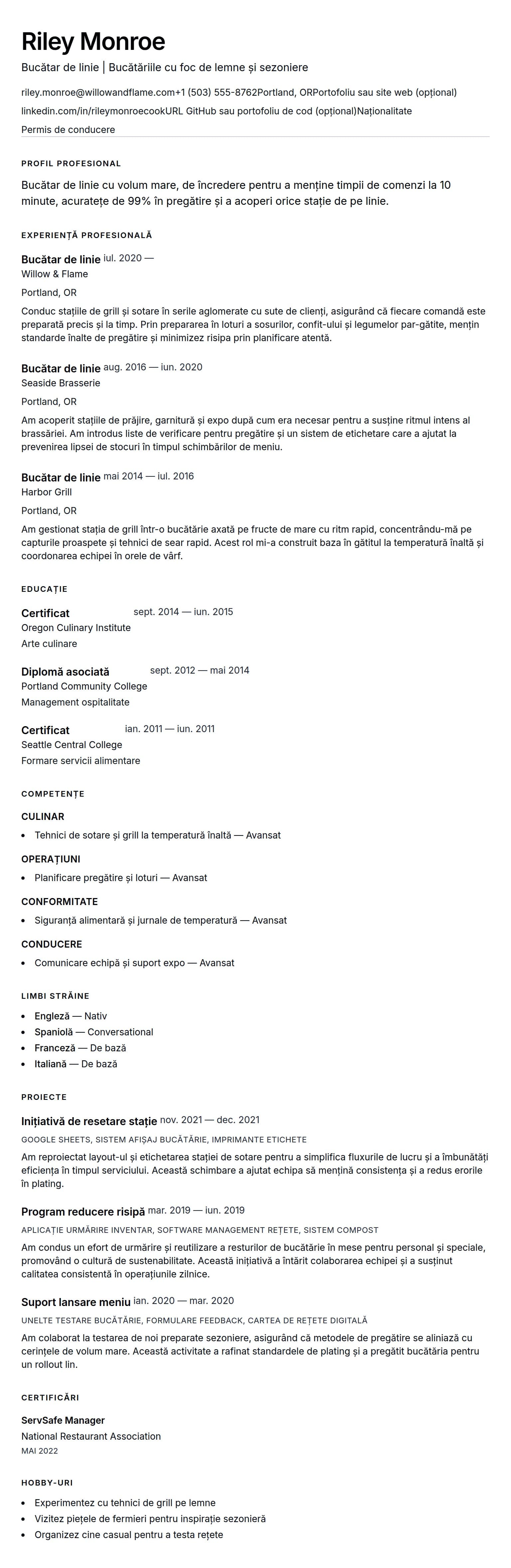 Exemplu de CV pentru Bucătar de linie