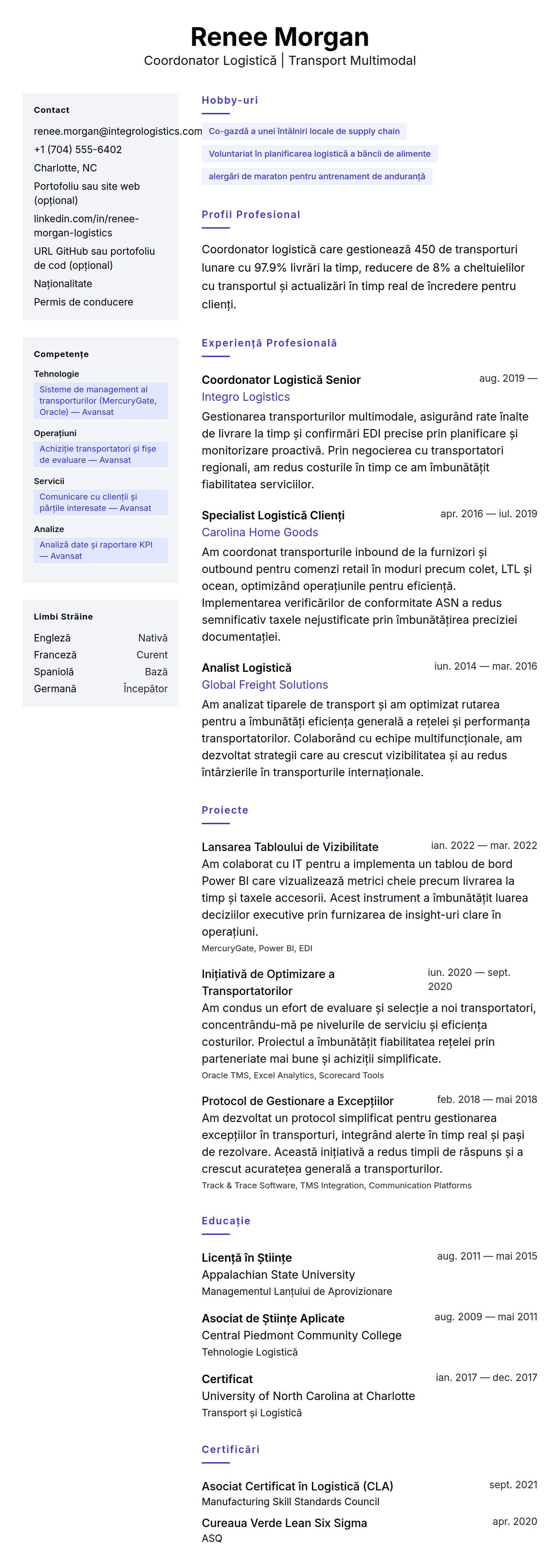 Previzualizare CV pentru Exemplu de CV Coordonator Logistică