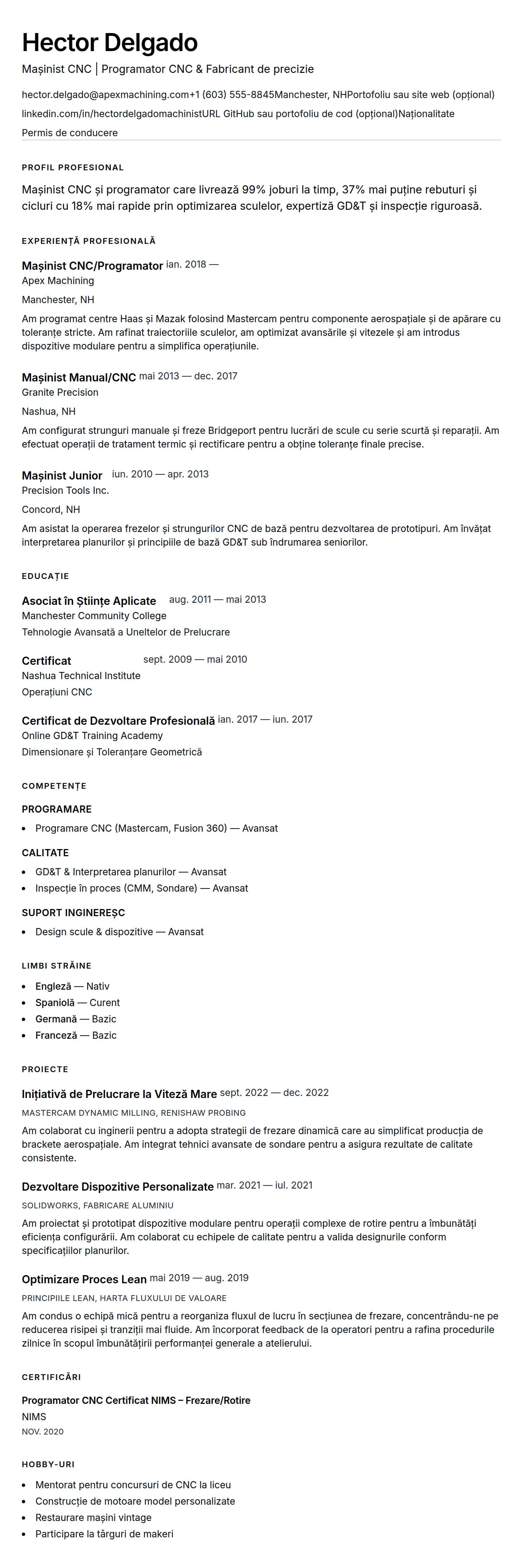 Previzualizare CV pentru Exemplu de CV pentru Mașinist CNC