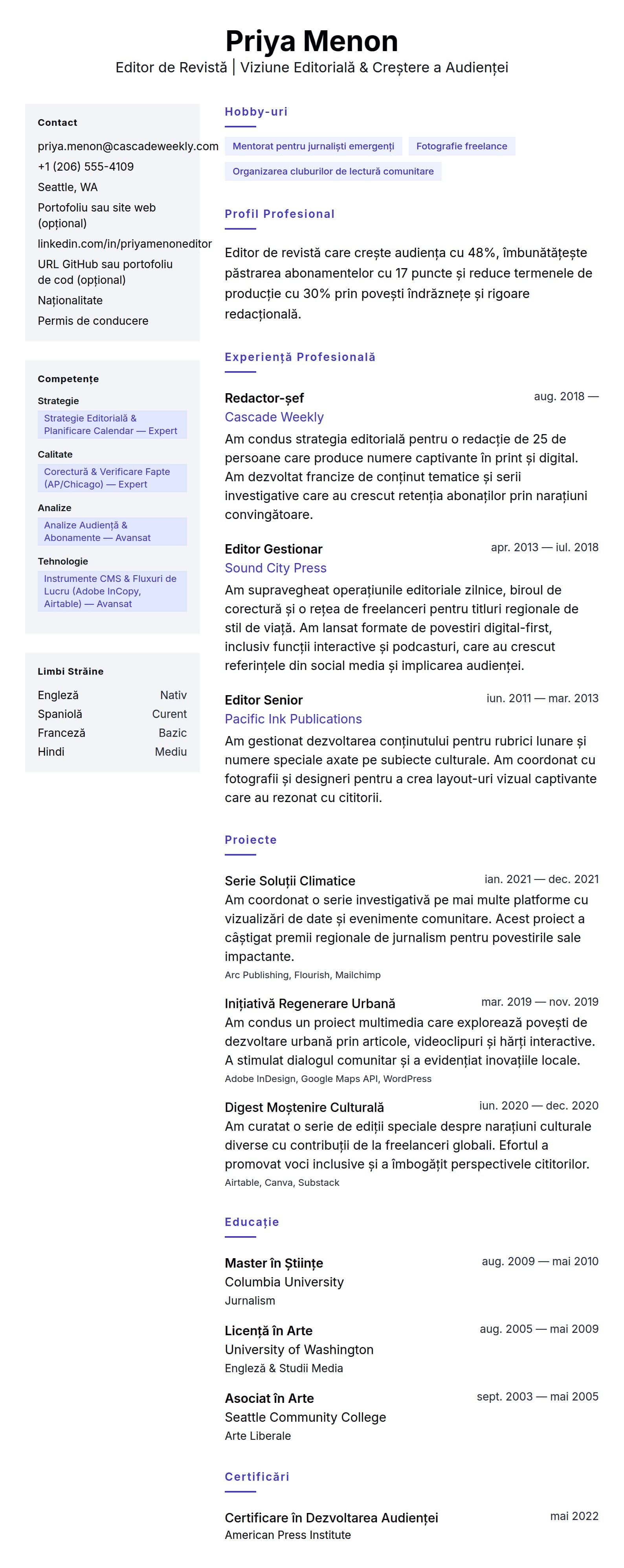 Previzualizare CV pentru Exemplu de CV pentru Editor de Revistă