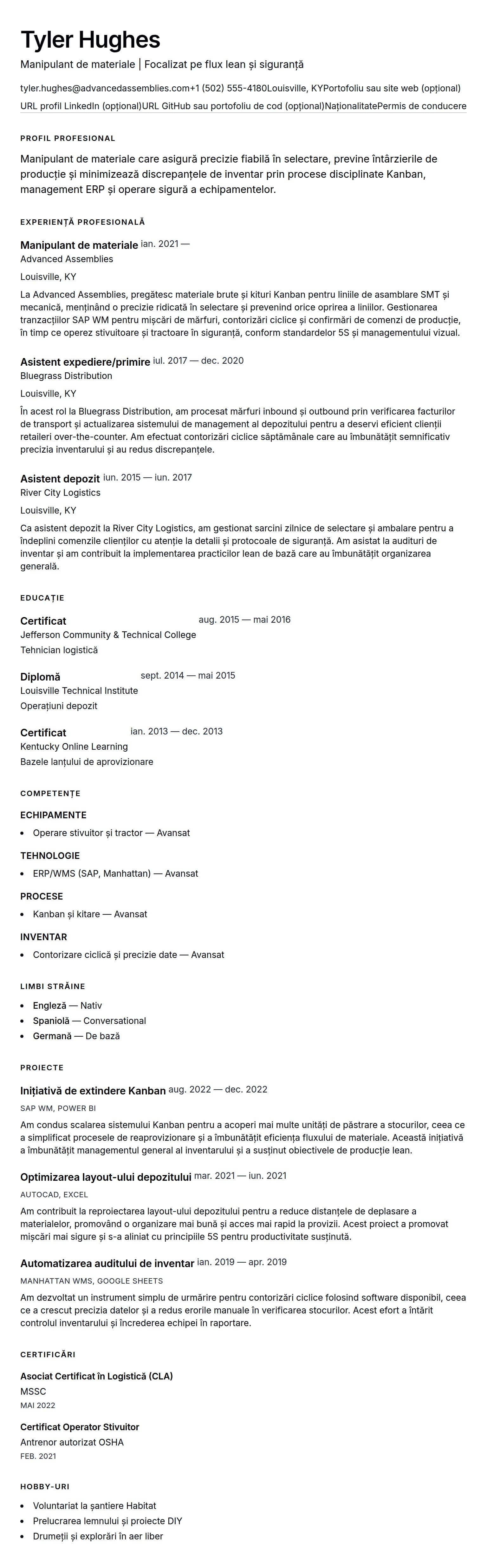 Exemplu de CV pentru Manipulant de materiale