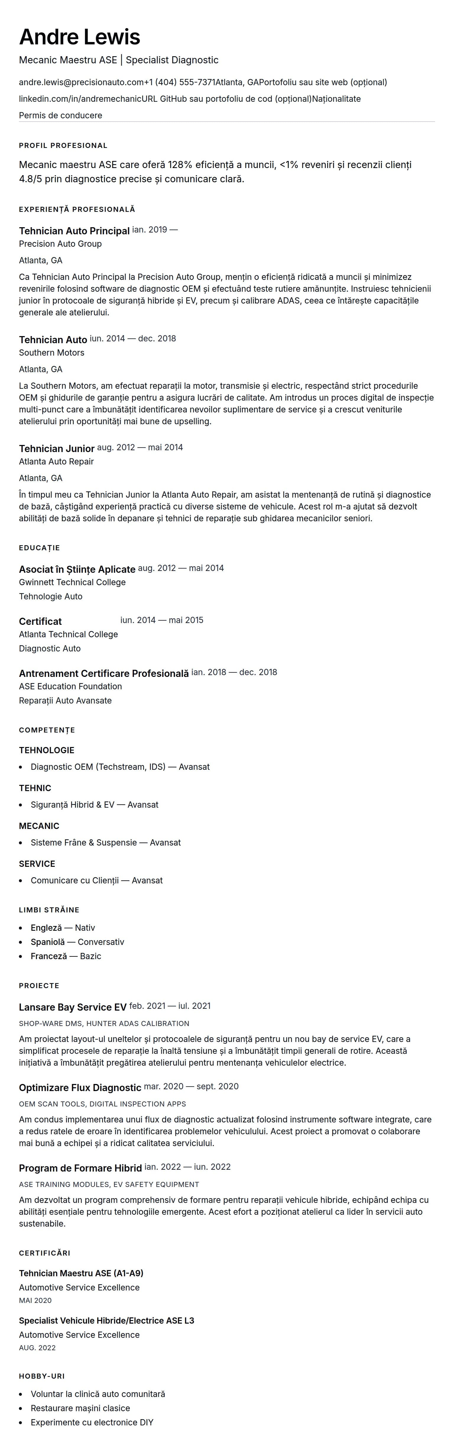 Previzualizare CV pentru Exemplu de CV Mecanic