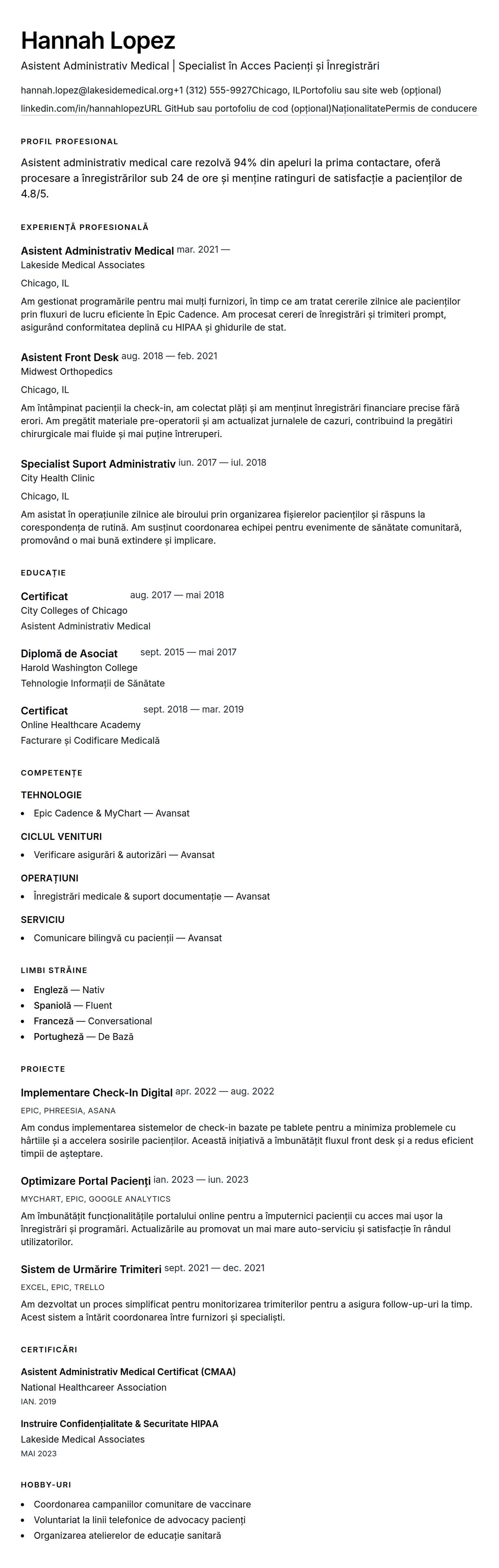 Exemplu de CV pentru Asistent Administrativ Medical
