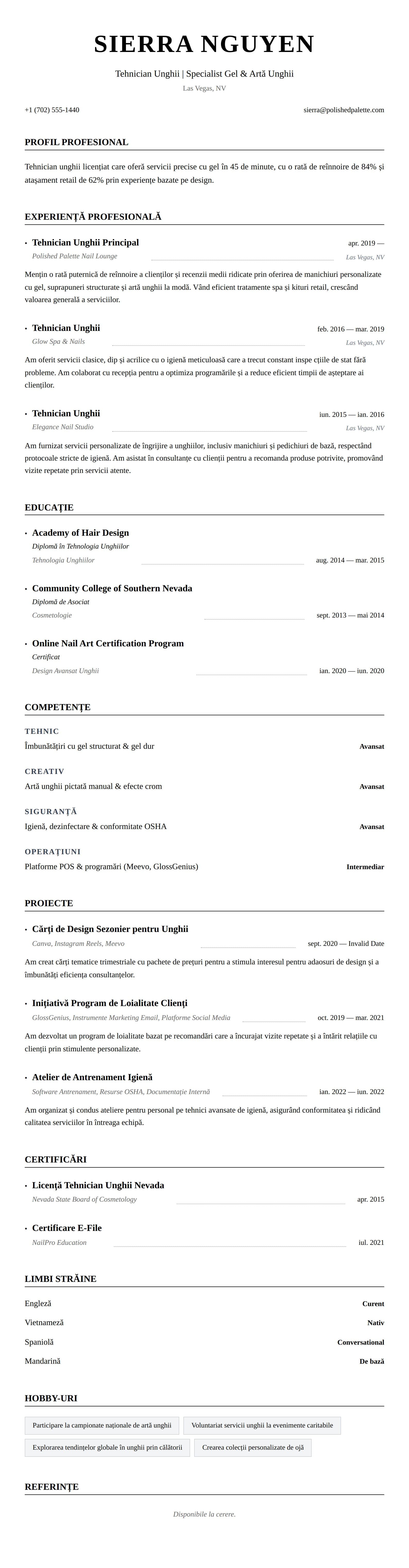 Exemplu de CV pentru Tehnician Unghii