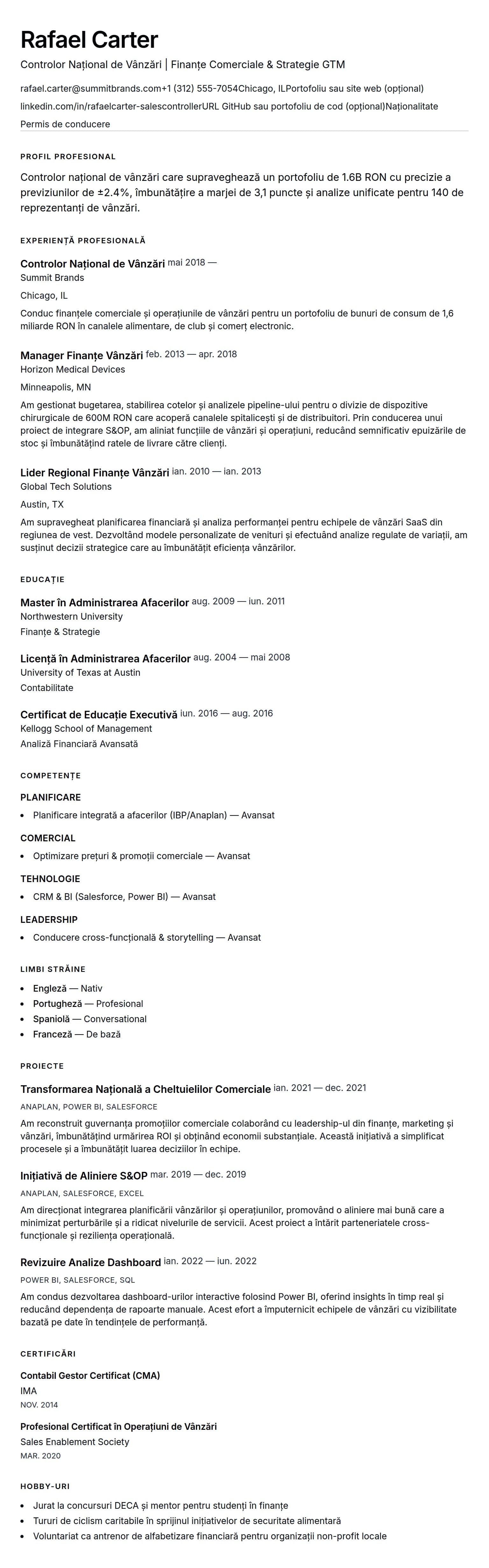 Previzualizare CV pentru Exemplu de CV pentru Controlor Național de Vânzări