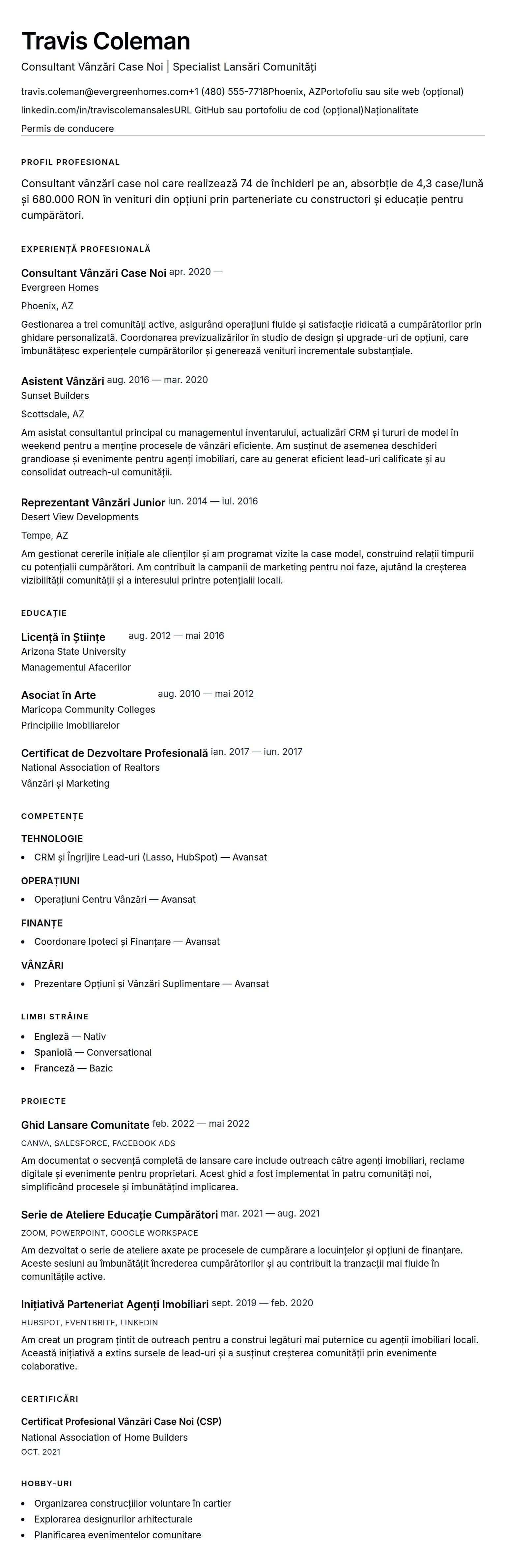 Exemplu de CV Consultant Vânzări Case Noi