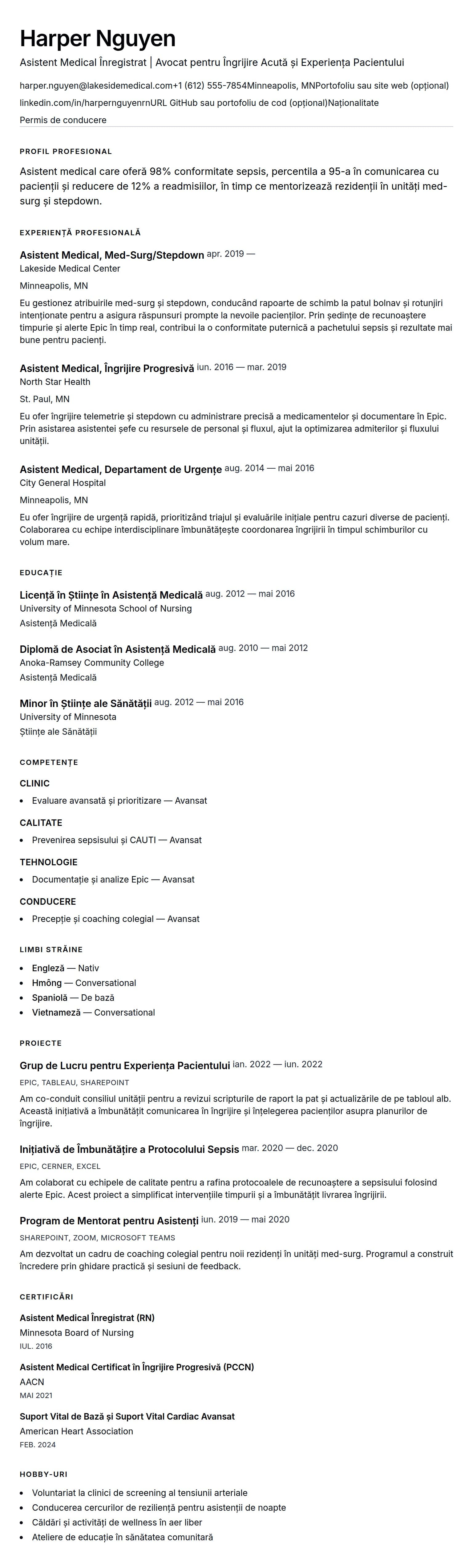 Previzualizare CV pentru Exemplu de CV pentru asistent medical
