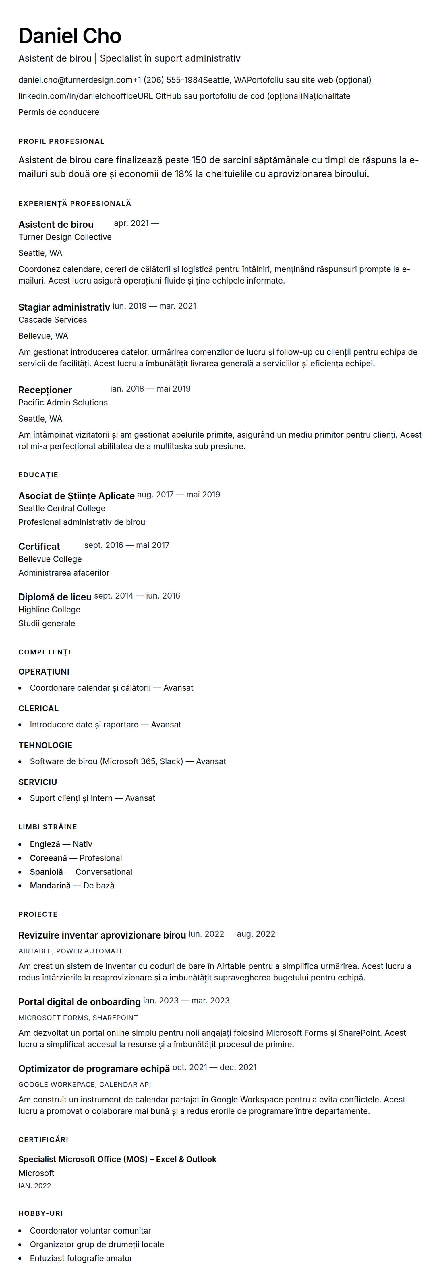 Previzualizare CV pentru Exemplu de CV pentru Asistent de birou