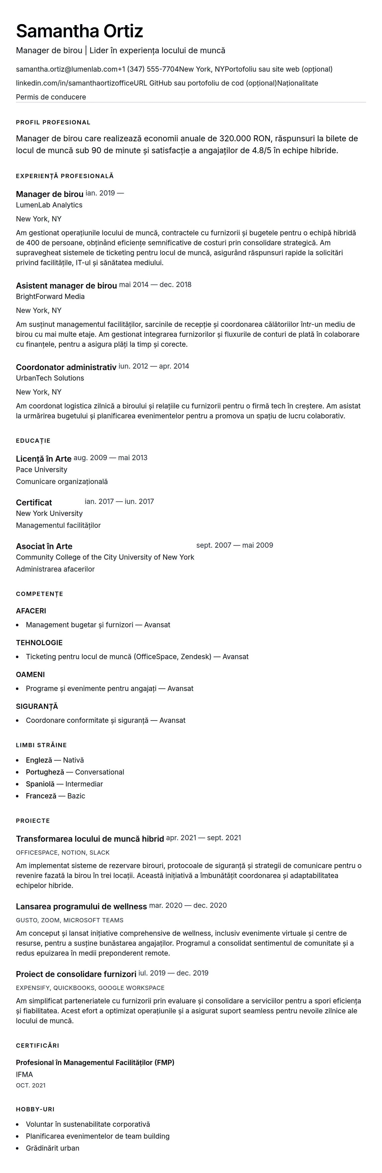 Previzualizare CV pentru Exemplu de CV pentru Manager de birou