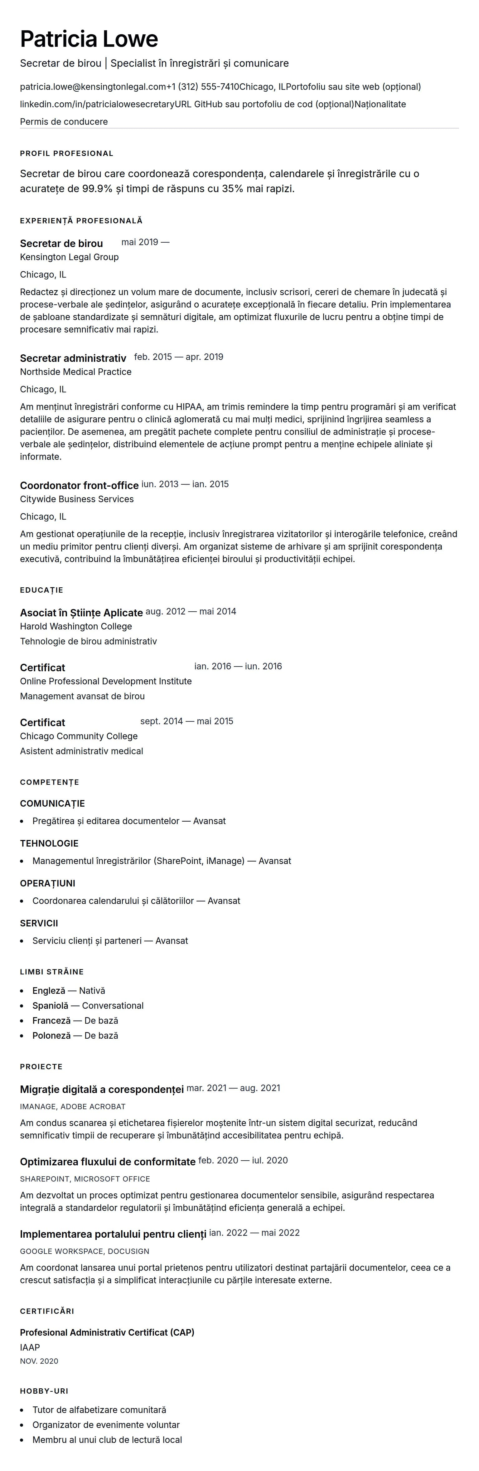 Exemplu de CV pentru Secretar de birou