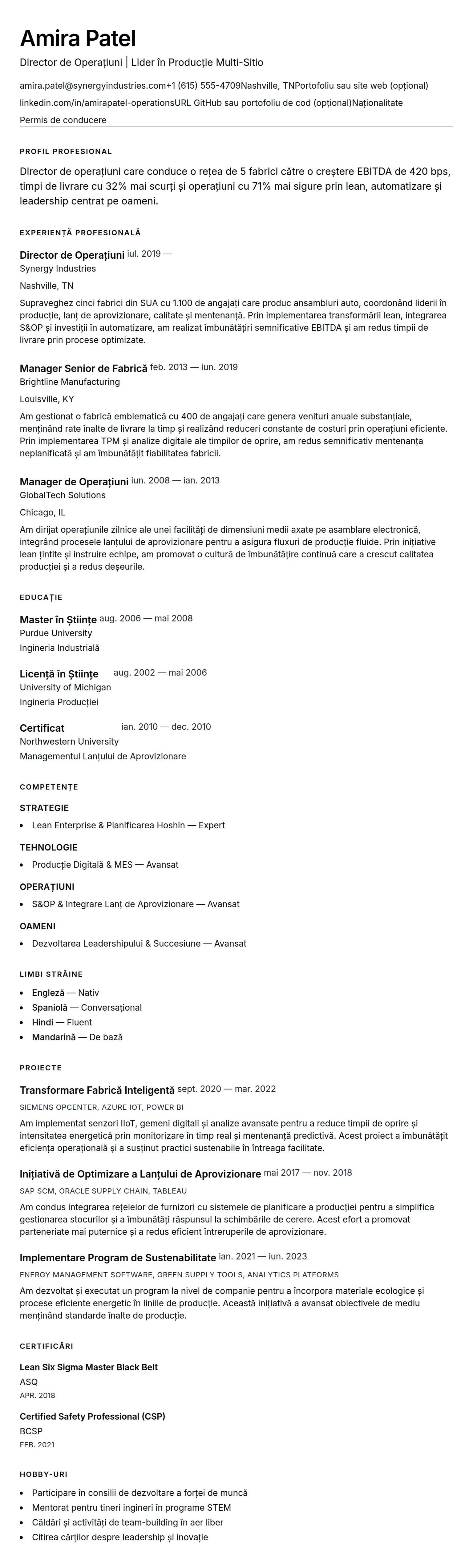 Previzualizare CV pentru Exemplu de CV pentru Director de Operațiuni