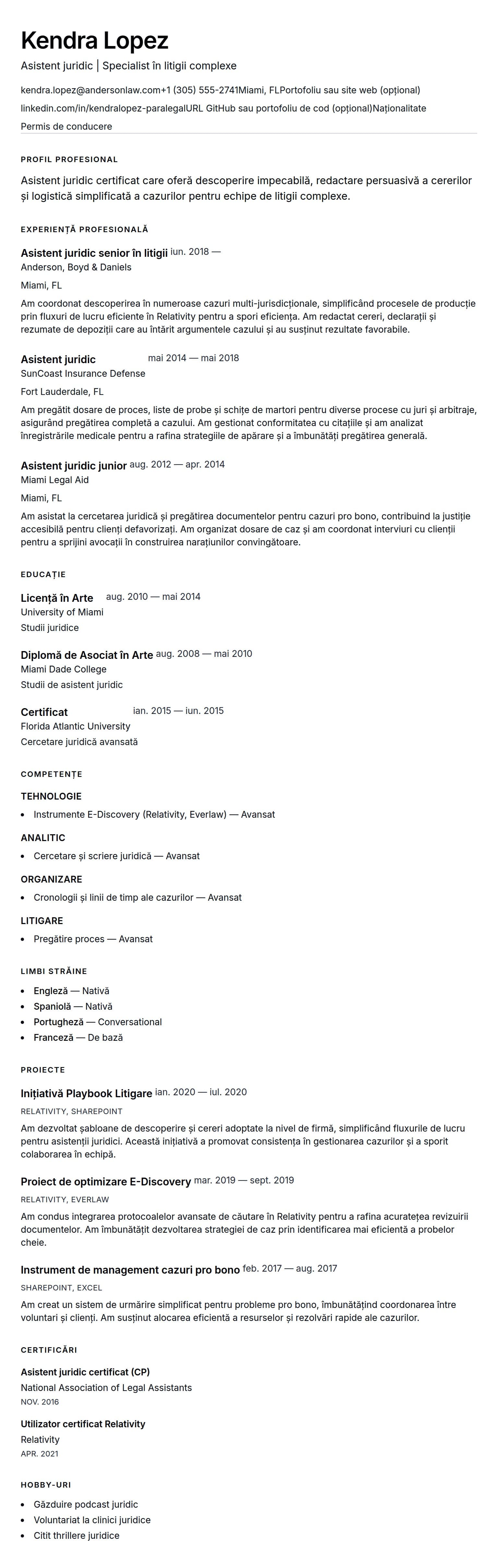 Exemplu de CV pentru asistent juridic