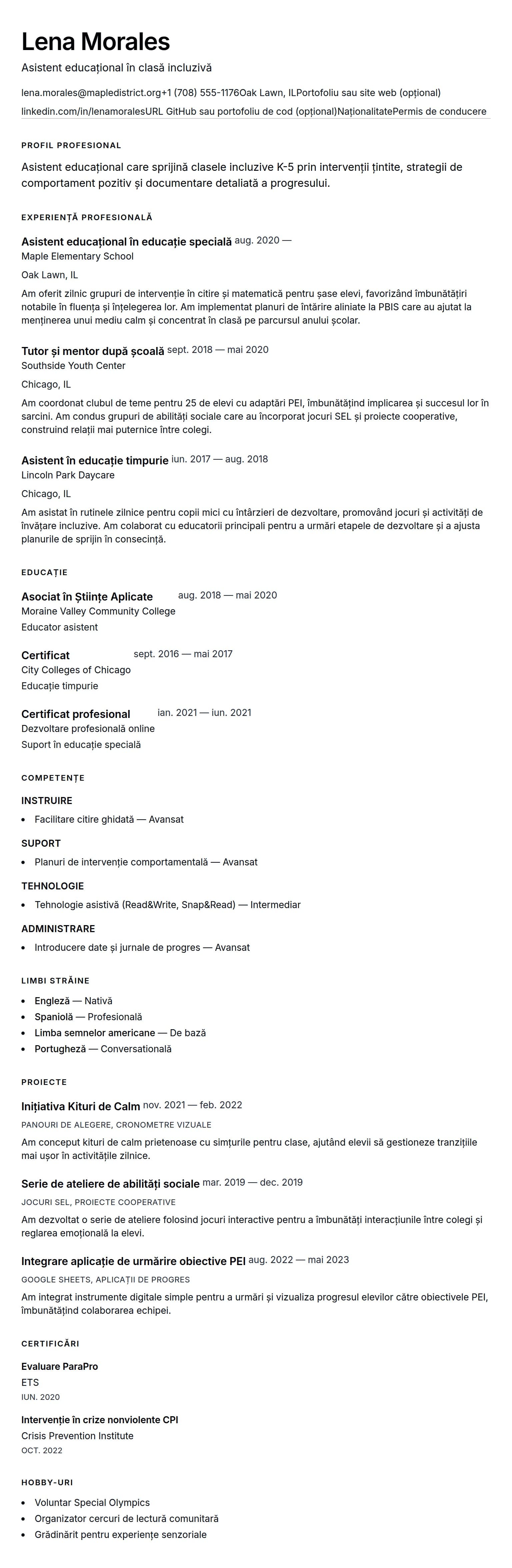 Previzualizare CV pentru Exemplu de CV pentru asistent educațional