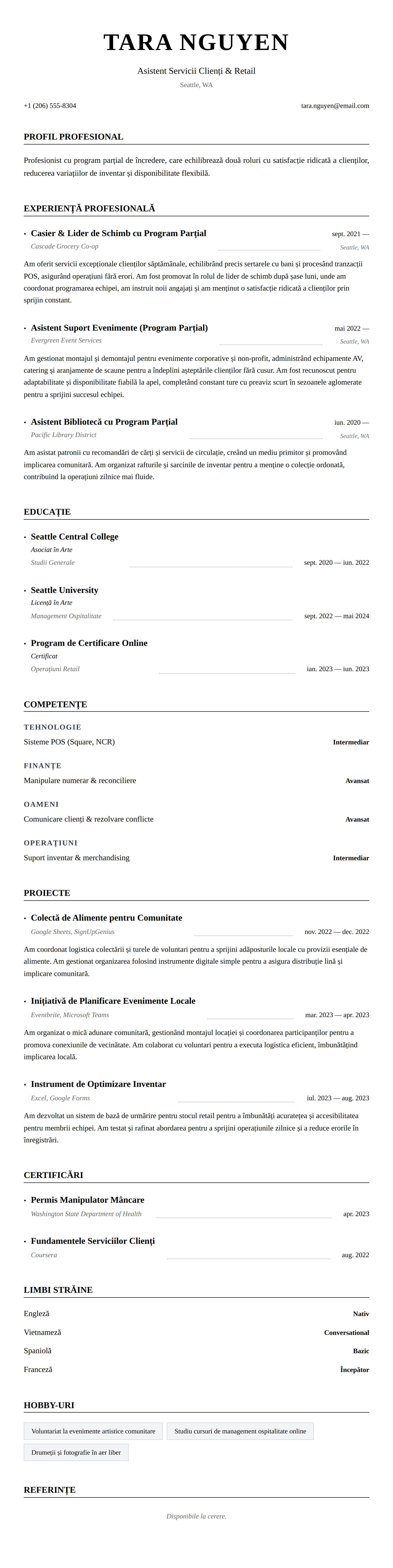 Previzualizare CV pentru Exemplu de CV pentru Loc de Muncă cu Program Parțial