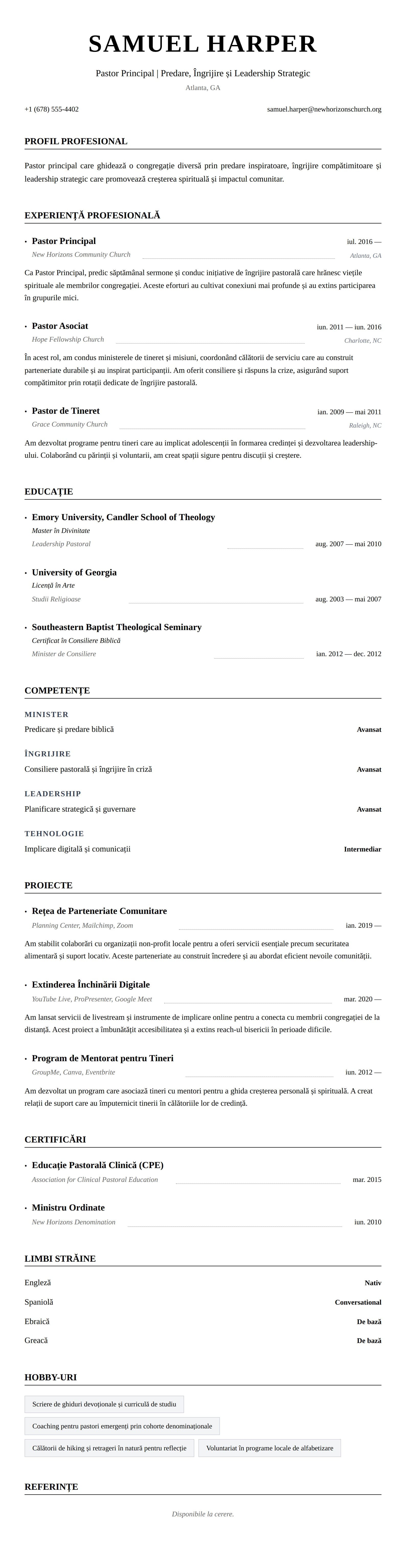 Exemplu de CV pentru Pastor