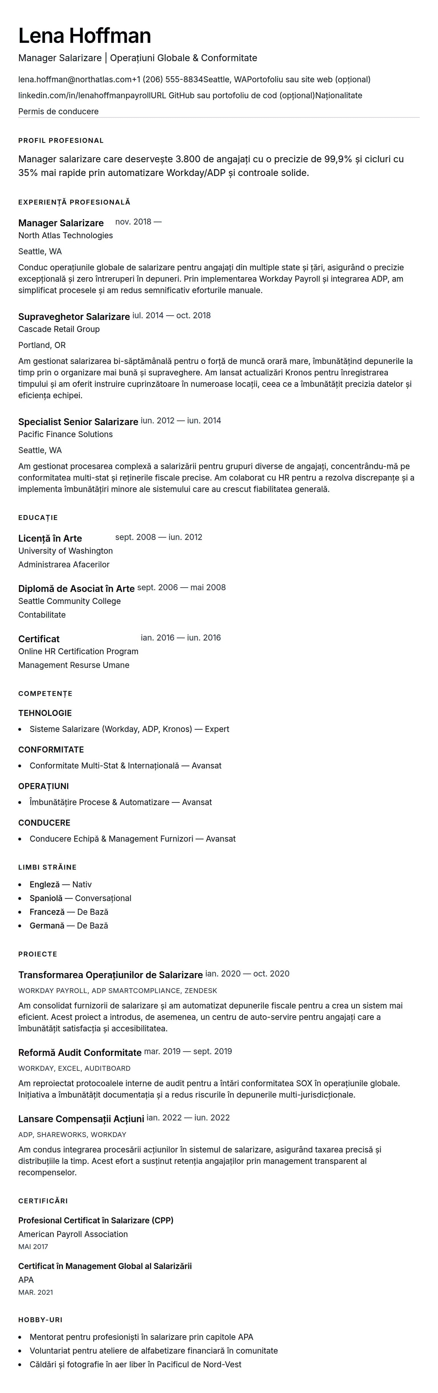 Exemplu de CV pentru Manager Salarizare