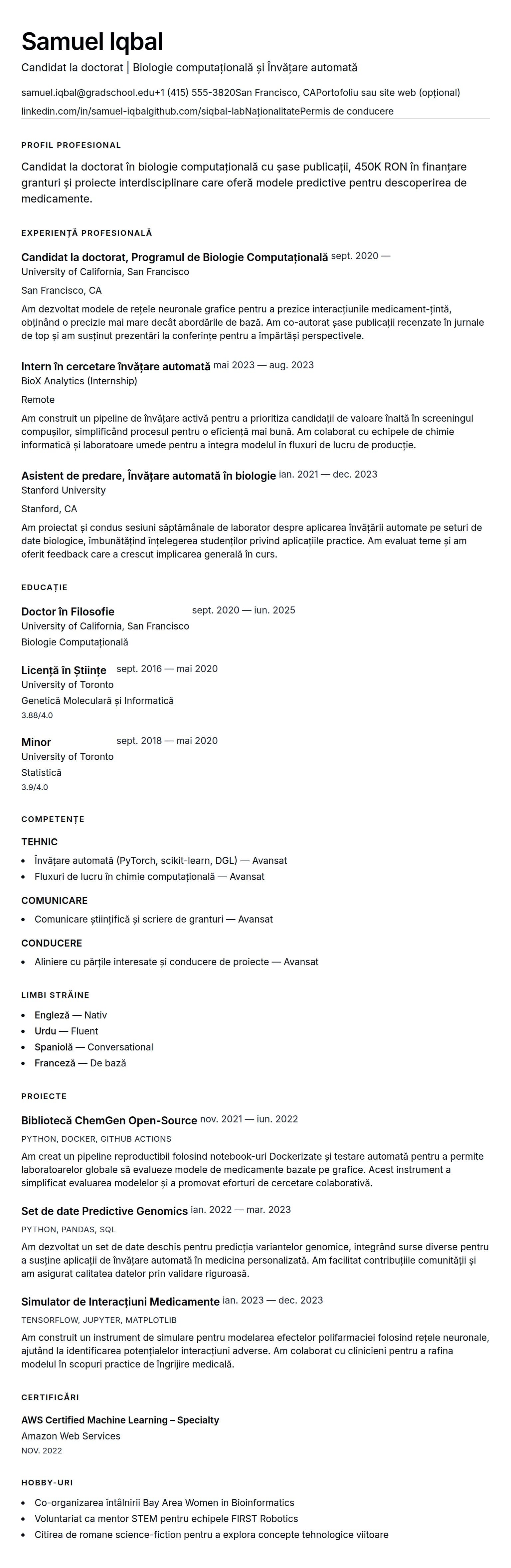 Previzualizare CV pentru Exemplu de CV pentru Doctorat