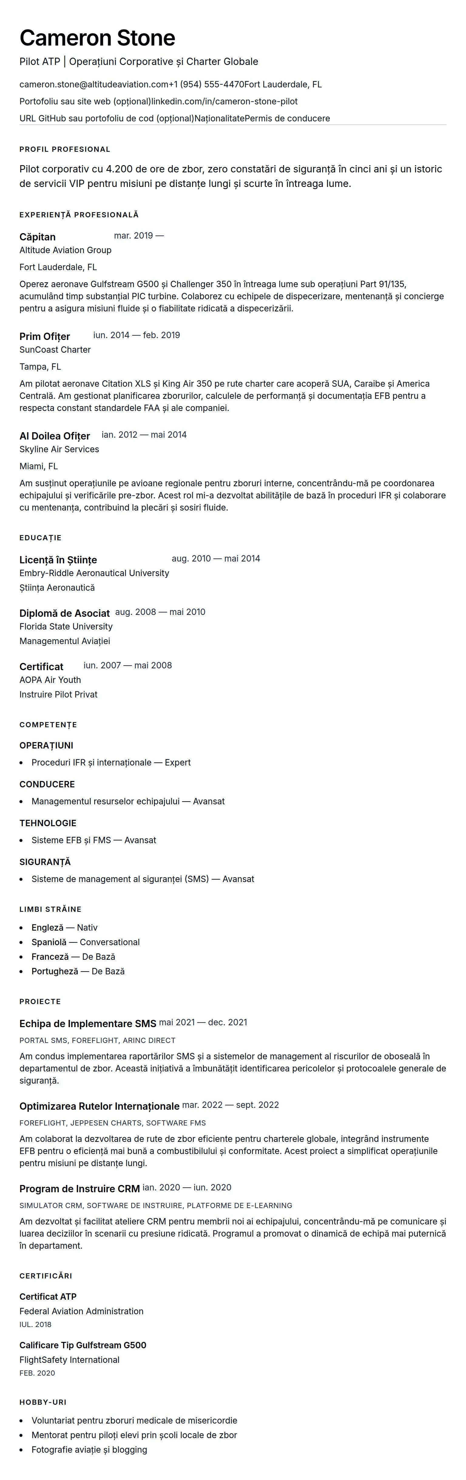 Previzualizare CV pentru Exemplu de CV pentru Pilot