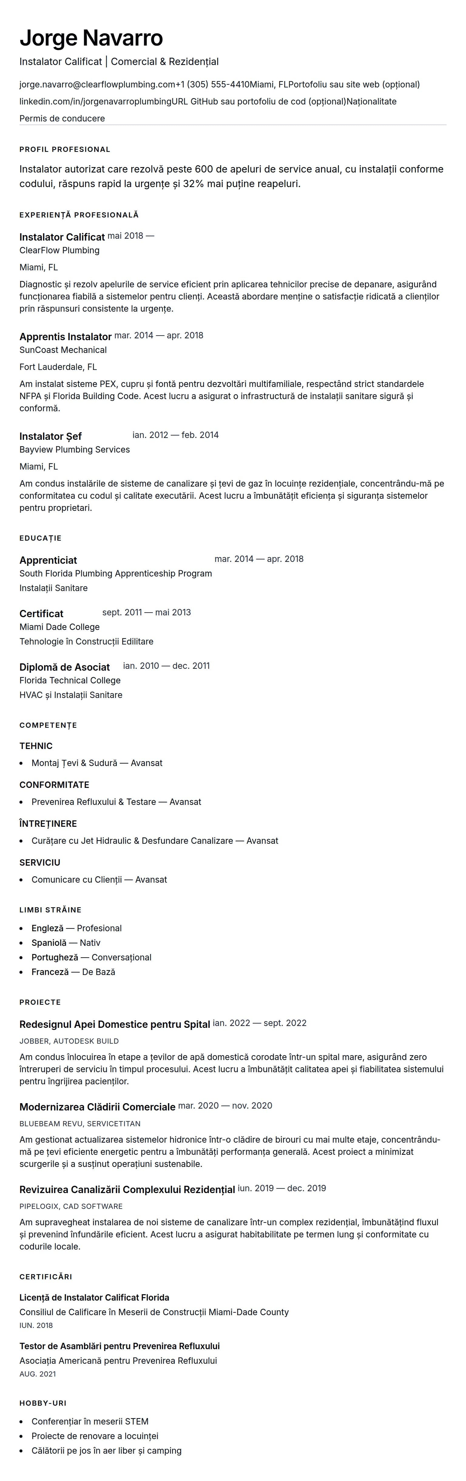 Previzualizare CV pentru Exemplu de CV pentru Instalator