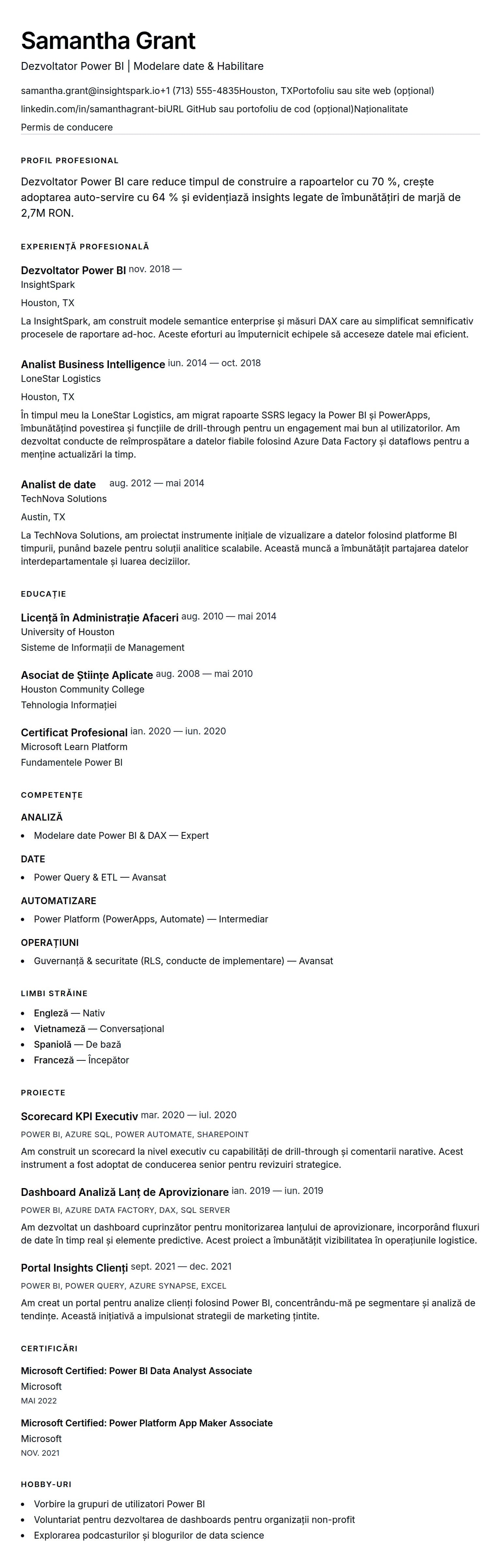 Exemplu de CV pentru Dezvoltator Power BI