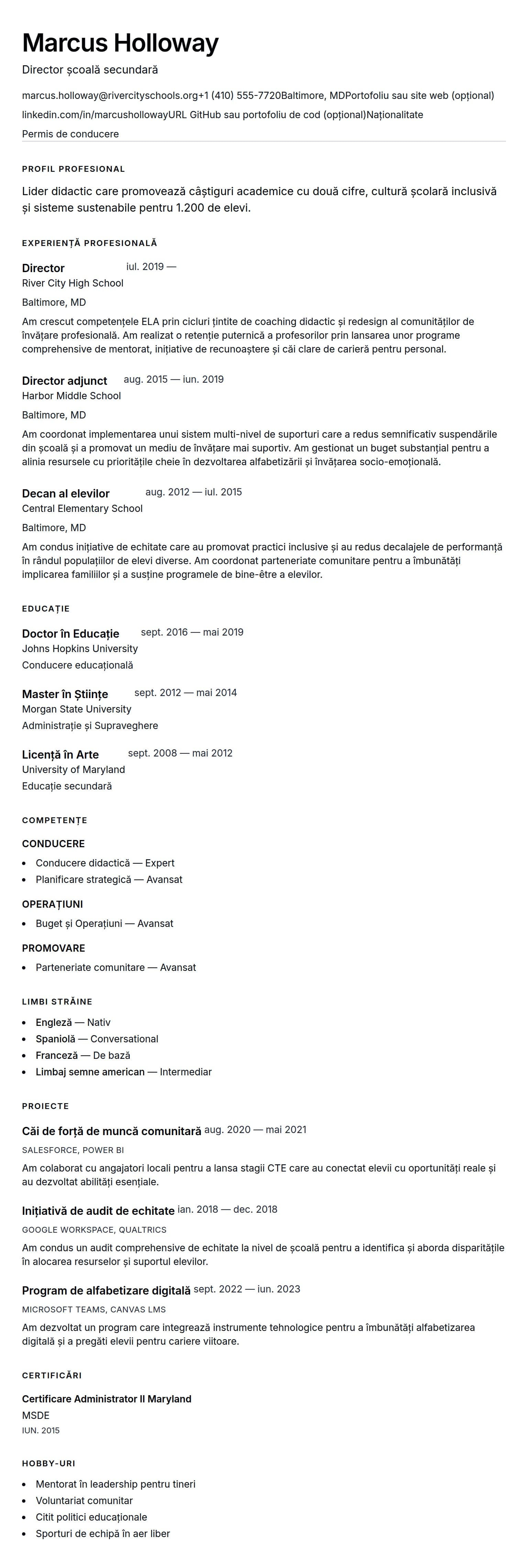 Previzualizare CV pentru Exemplu de CV pentru director școlar