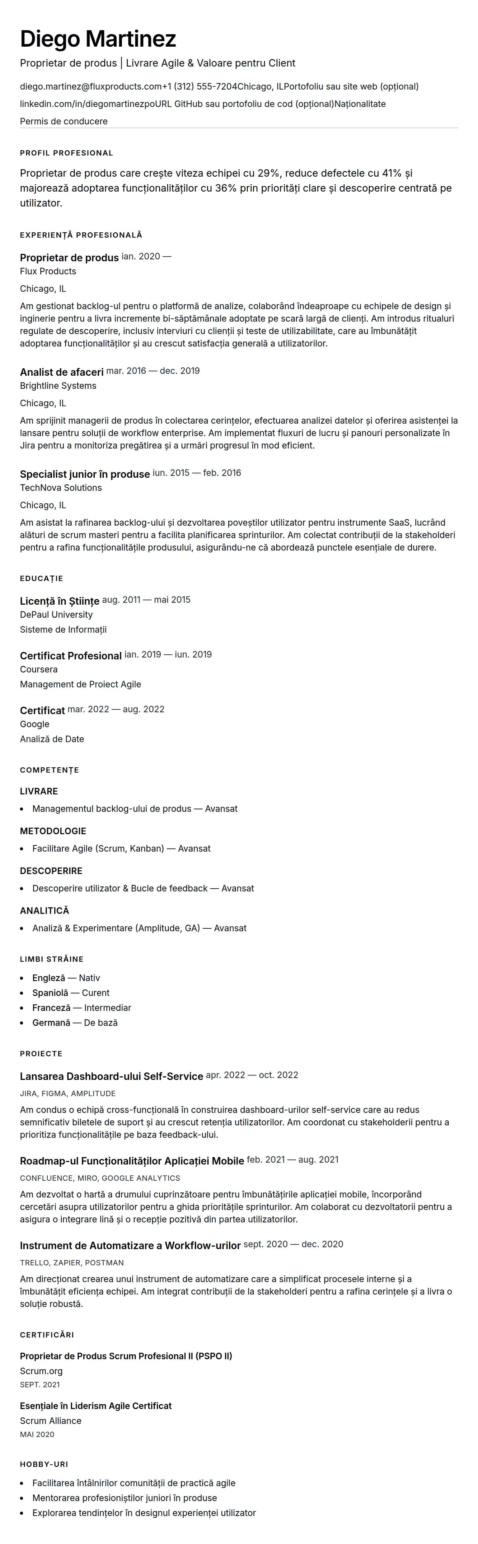 Exemplu de CV Proprietar de produs