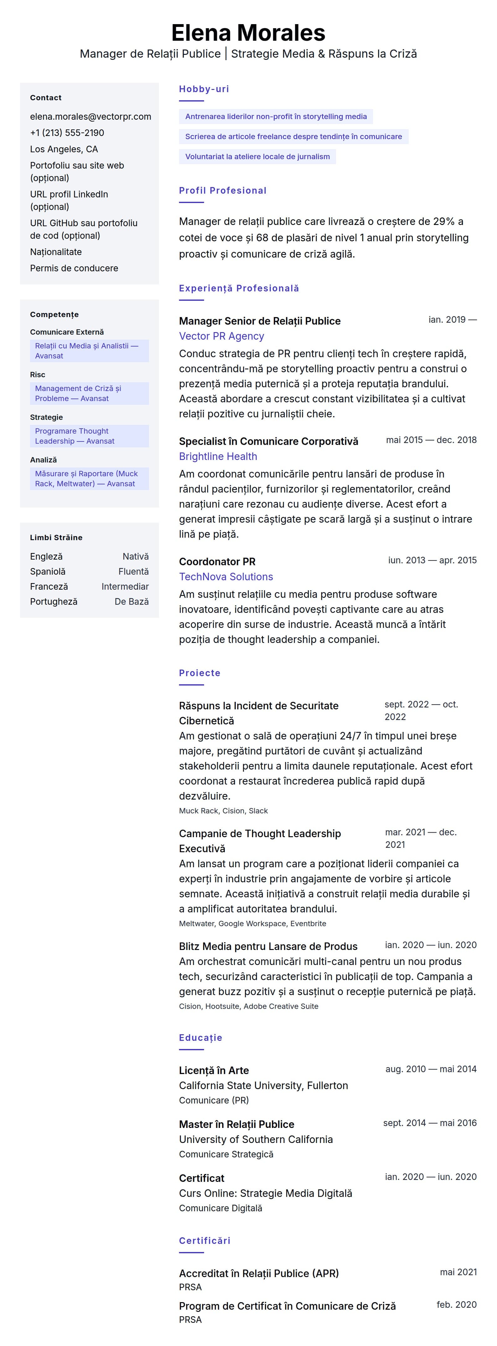 Previzualizare CV pentru Exemplu de CV pentru Manager de Relații Publice