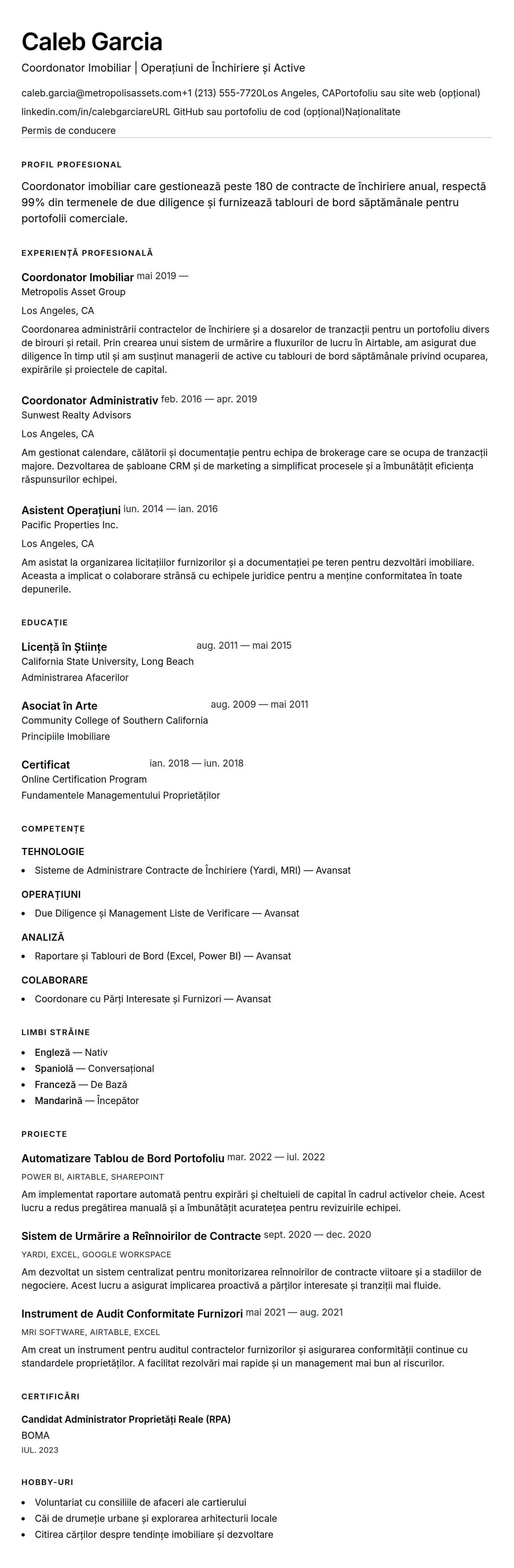 Exemplu de CV pentru Coordonator Imobiliar