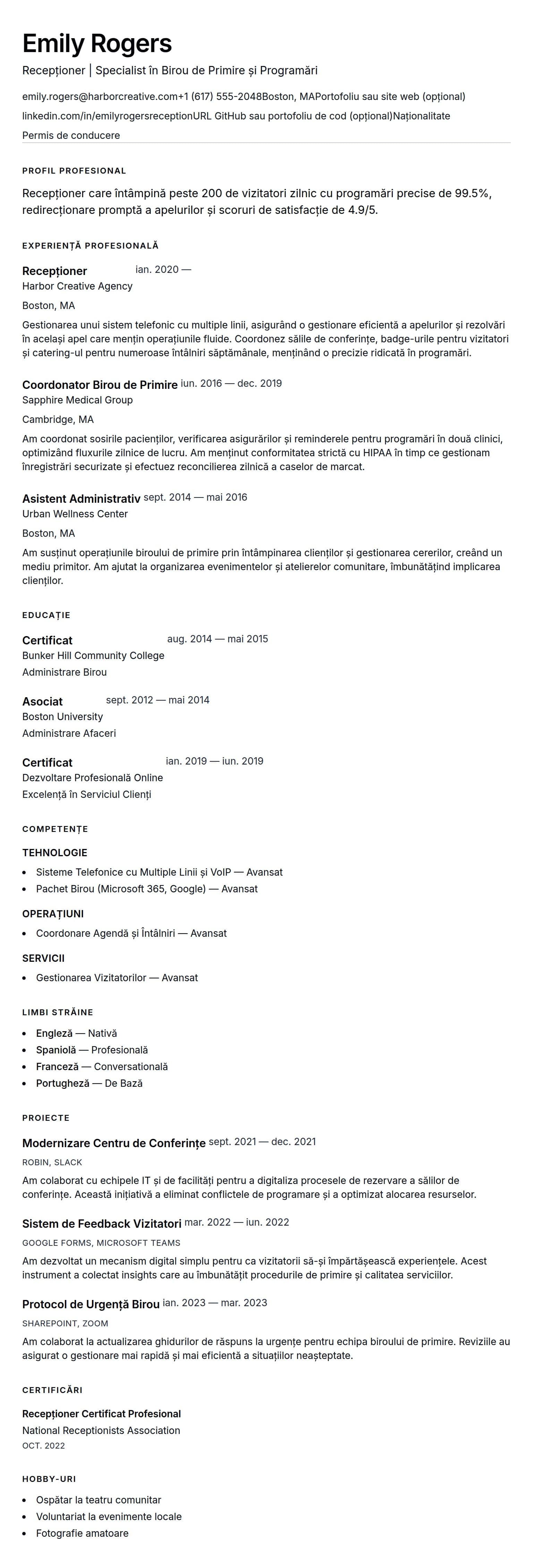 Exemplu de CV pentru Recepționer