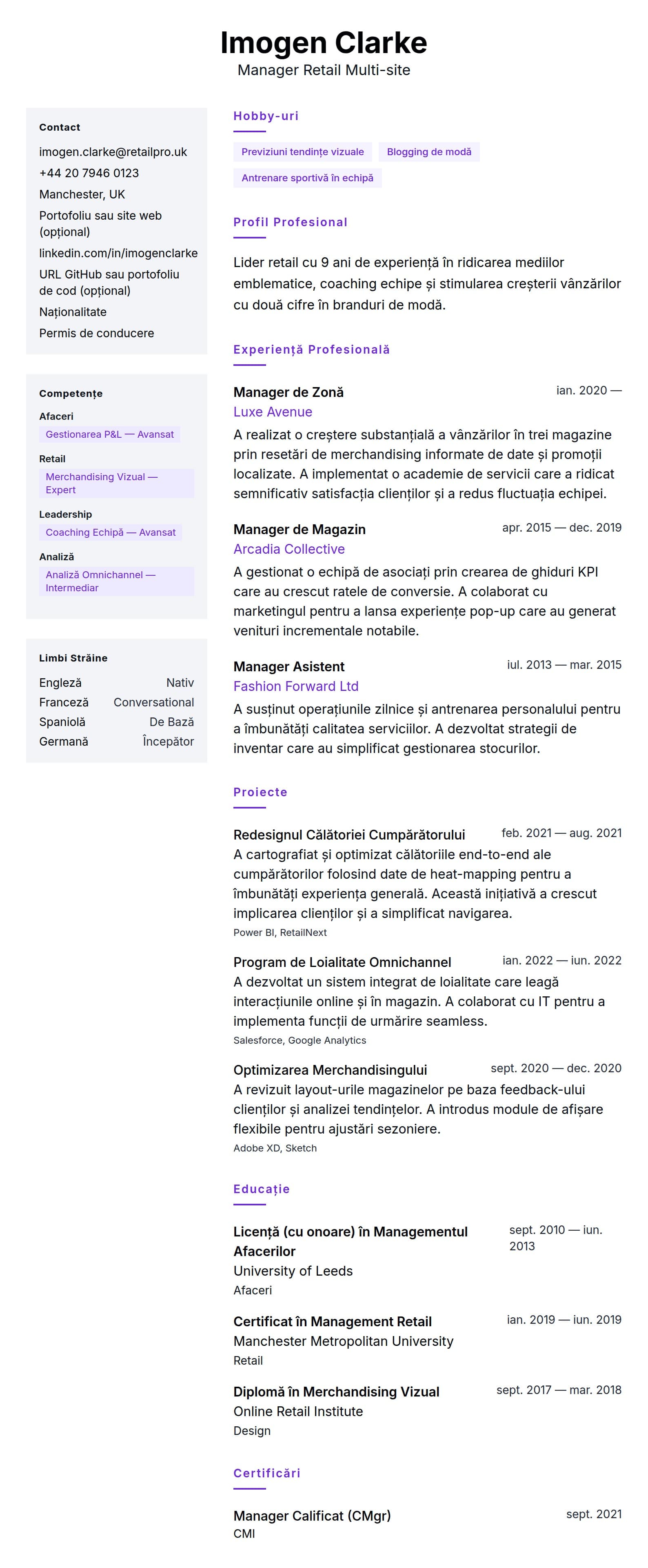 Previzualizare CV pentru Exemplu de CV pentru Manager Retail