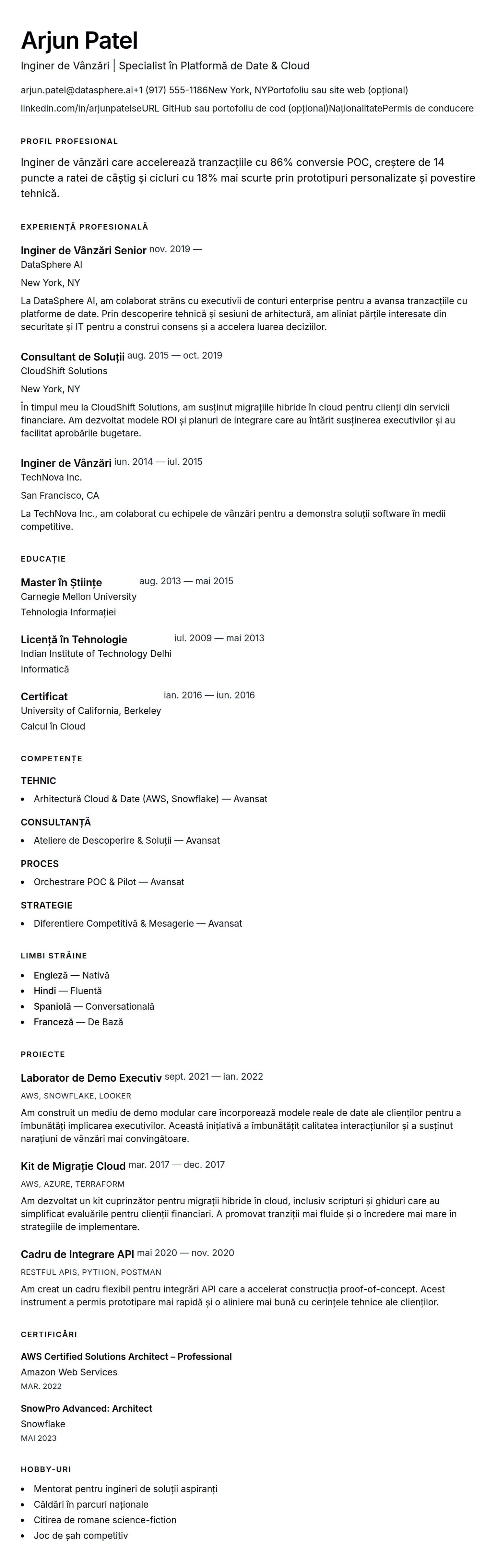 Previzualizare CV pentru Exemplu de CV pentru Inginer de Vânzări