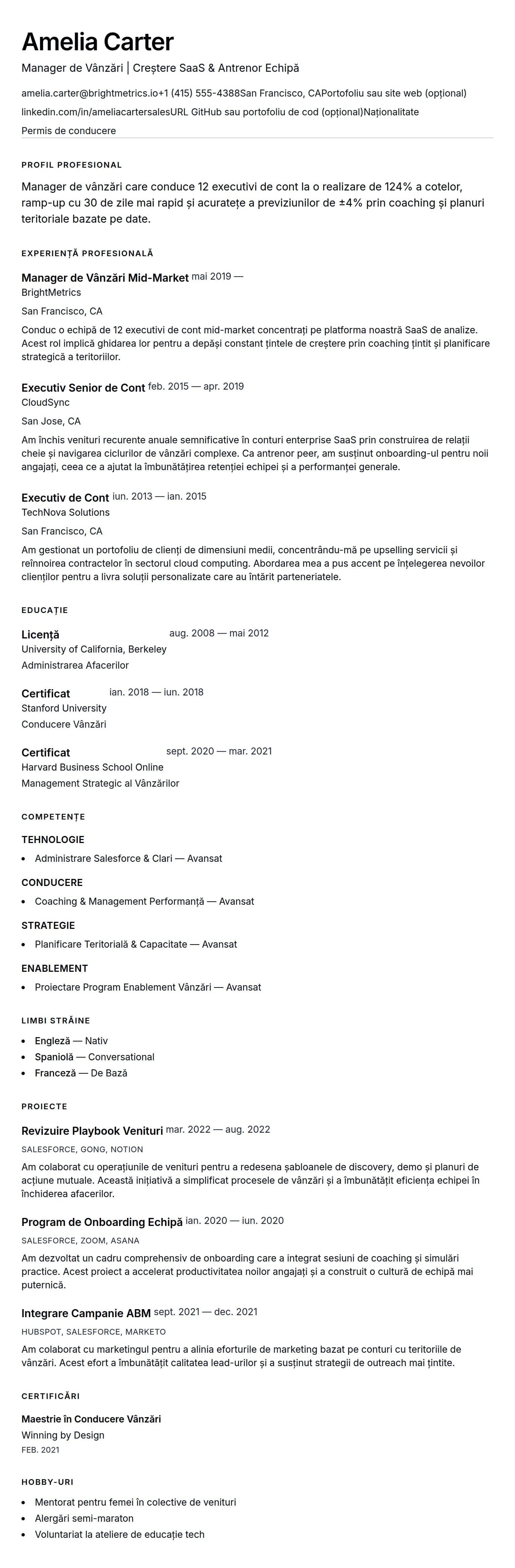 Exemplu de CV pentru Manager de Vânzări