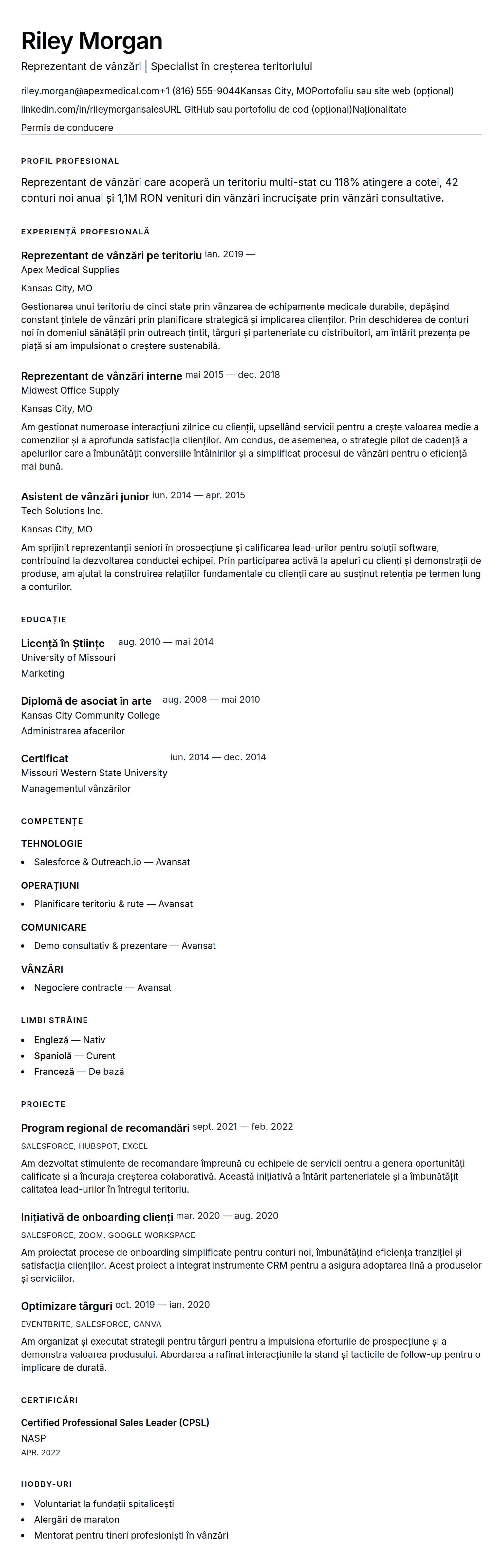 Previzualizare CV pentru Exemplu de CV pentru reprezentant de vânzări