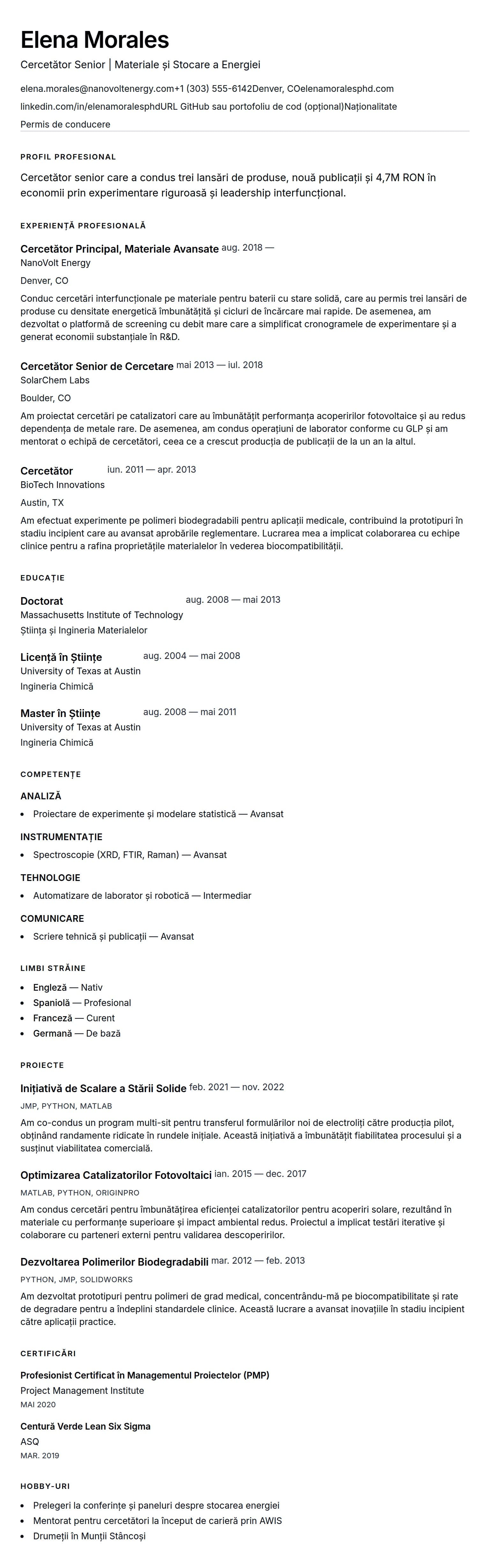 Exemplu de CV pentru Cercetător