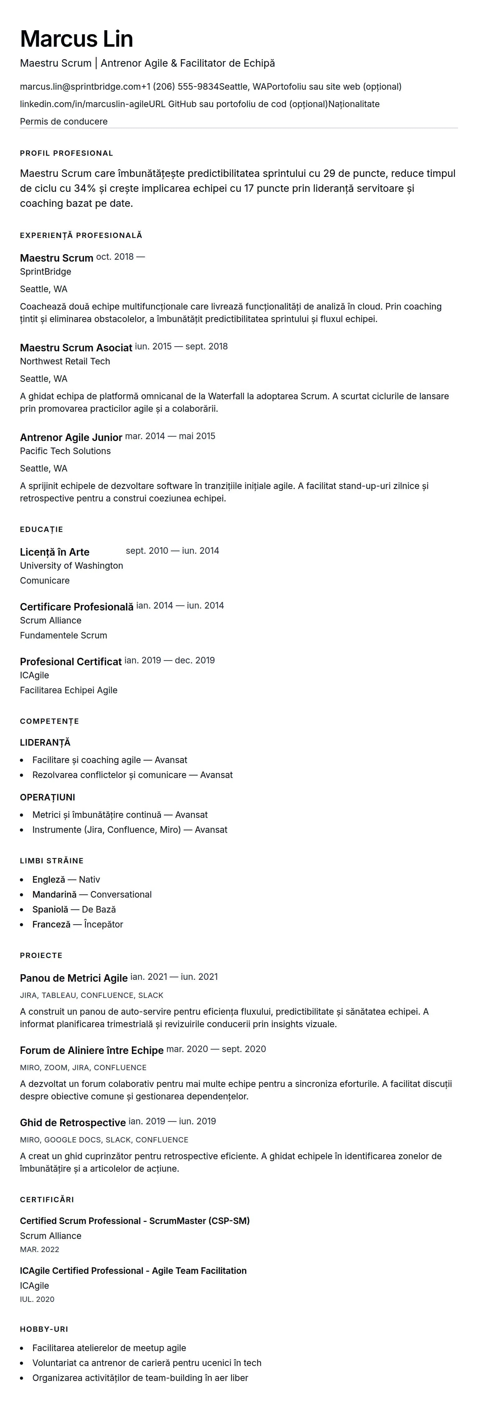 Previzualizare CV pentru Exemplu de CV pentru Maestru Scrum