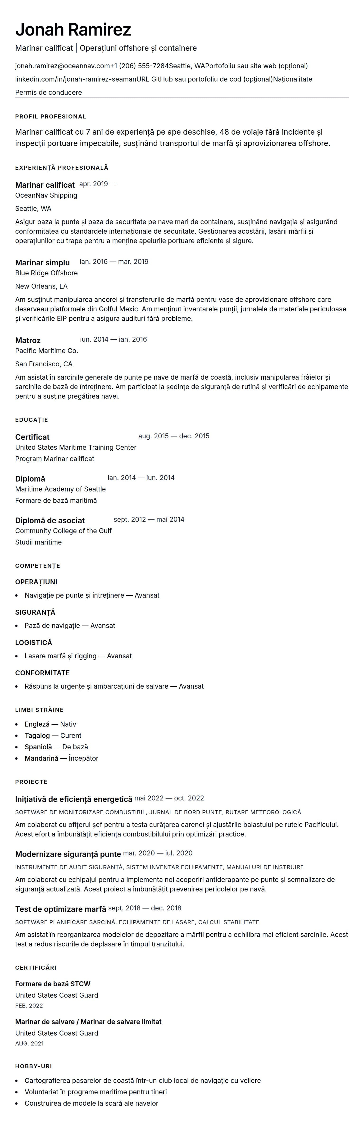 Exemplu de CV pentru Marinar