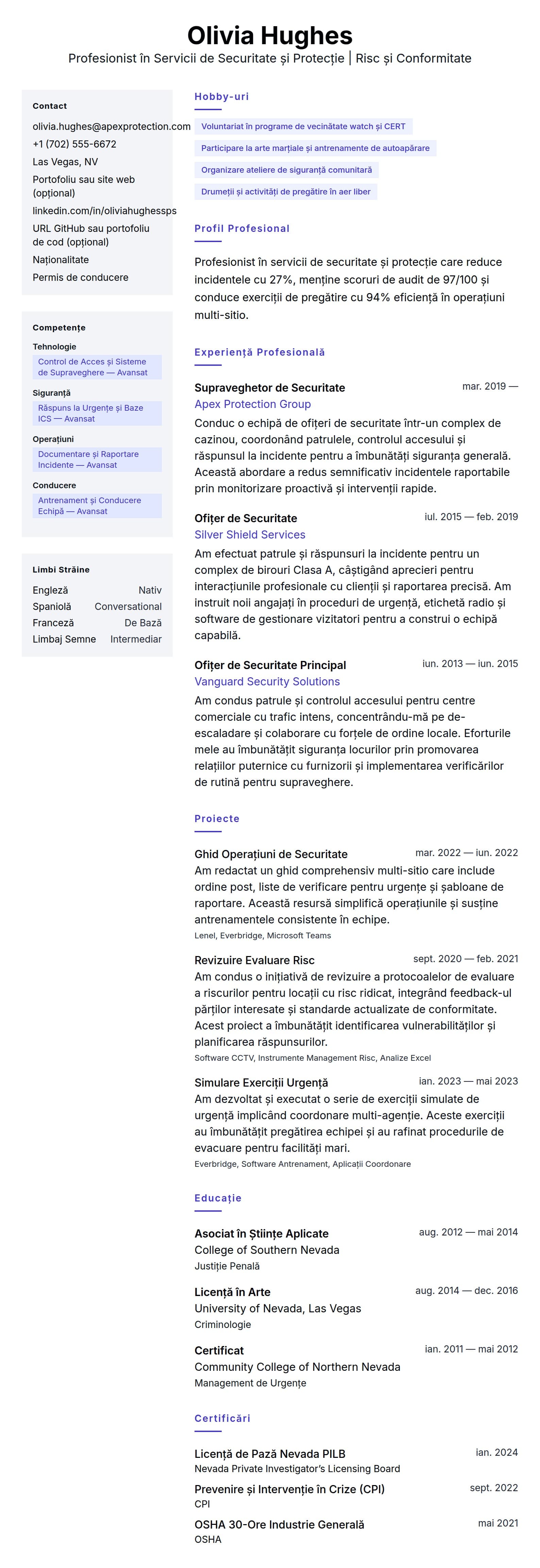 Previzualizare CV pentru Exemplu de CV pentru Profesionist în Servicii de Securitate și Protecție