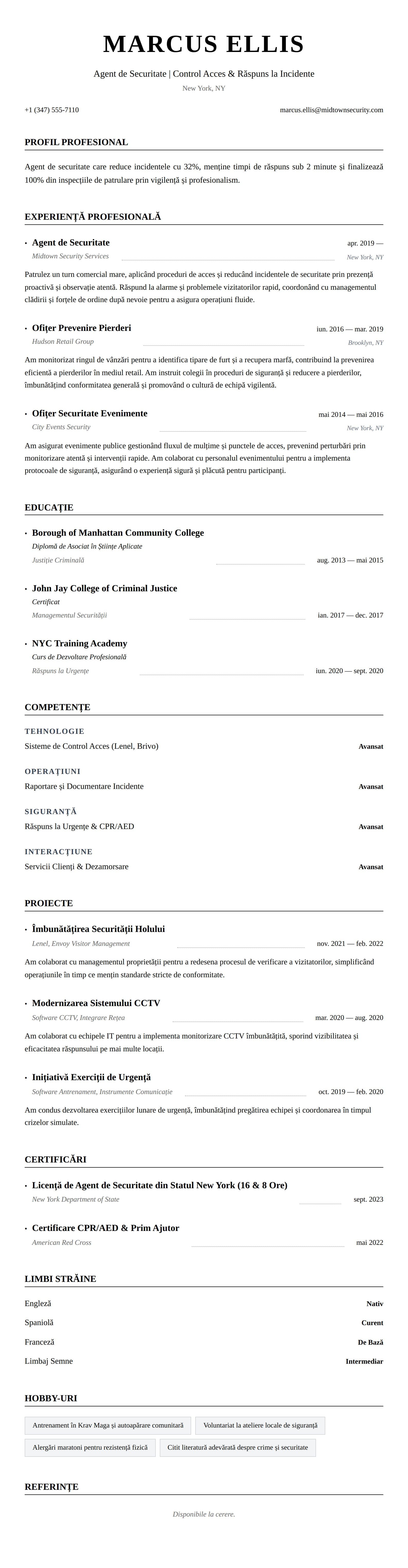 Exemplu de CV pentru Agent de Securitate