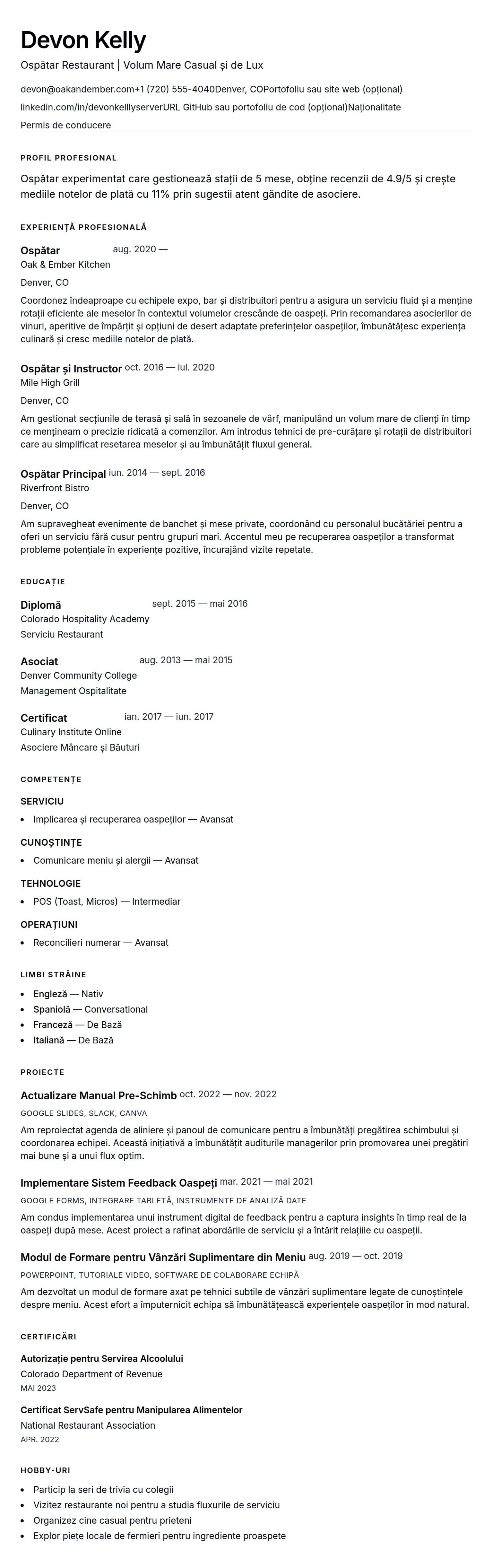 Previzualizare CV pentru Exemplu de CV pentru Ospătar