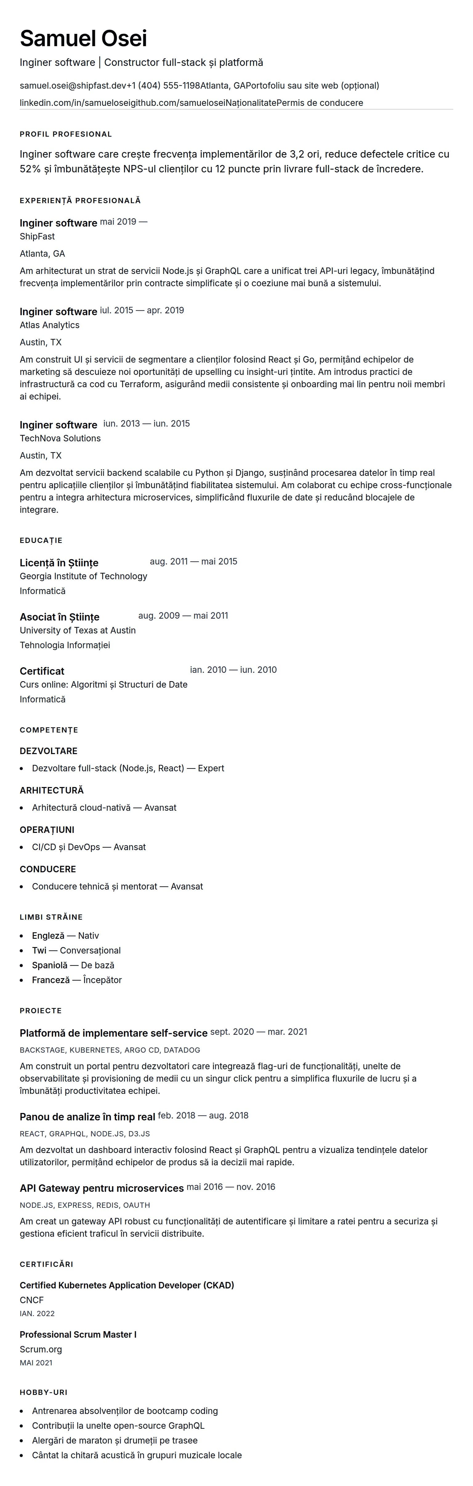 Previzualizare CV pentru Exemplu de CV pentru inginer software