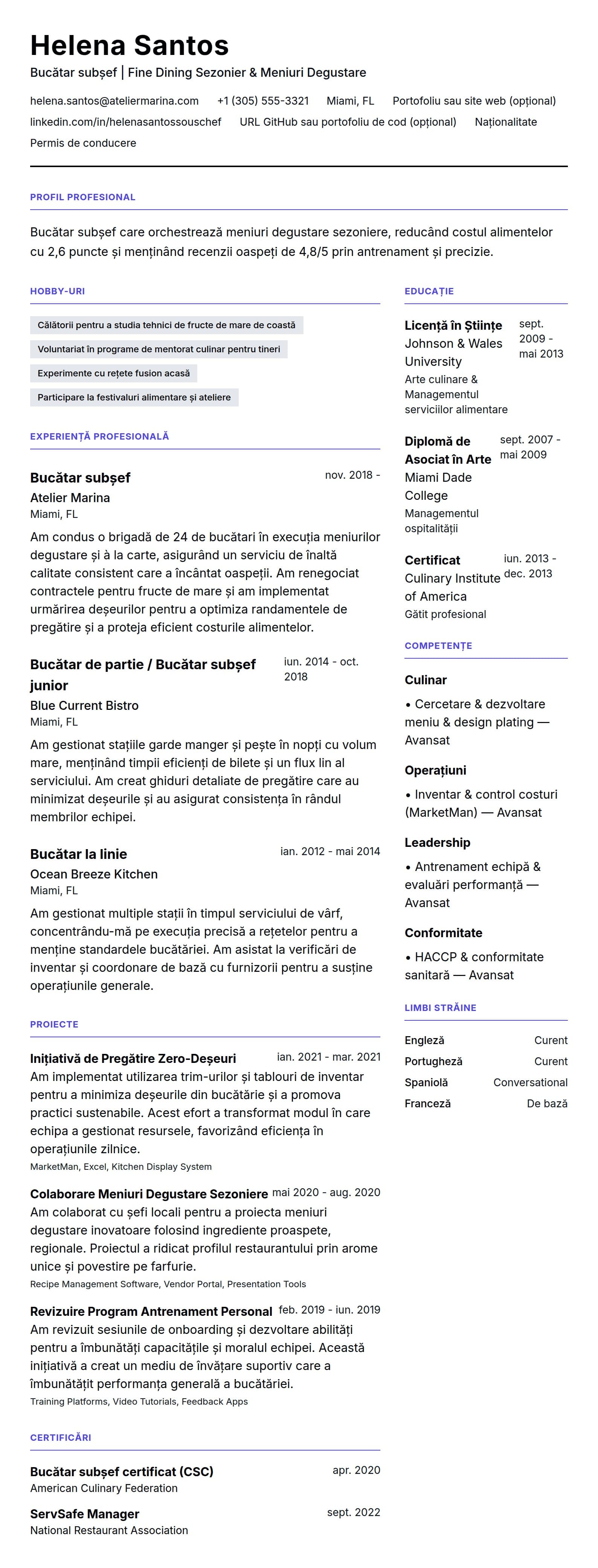 Previzualizare CV pentru Exemplu de CV pentru Bucătar subșef