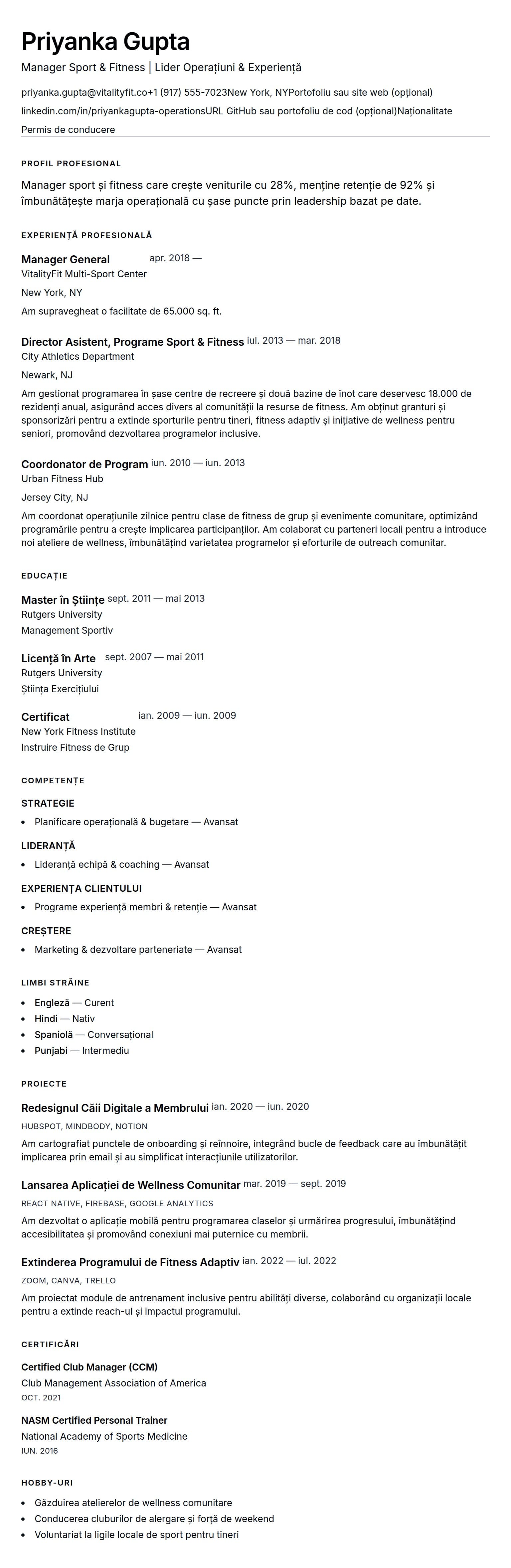 Exemplu de CV pentru Manager Sport și Fitness