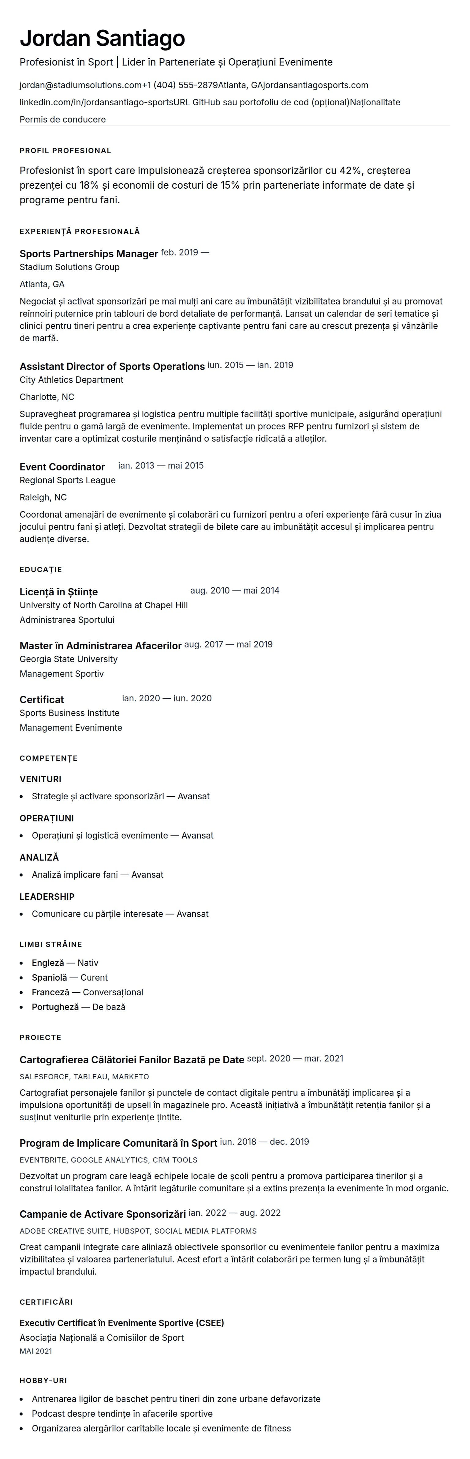 Exemplu de CV pentru Profesionist în Sport