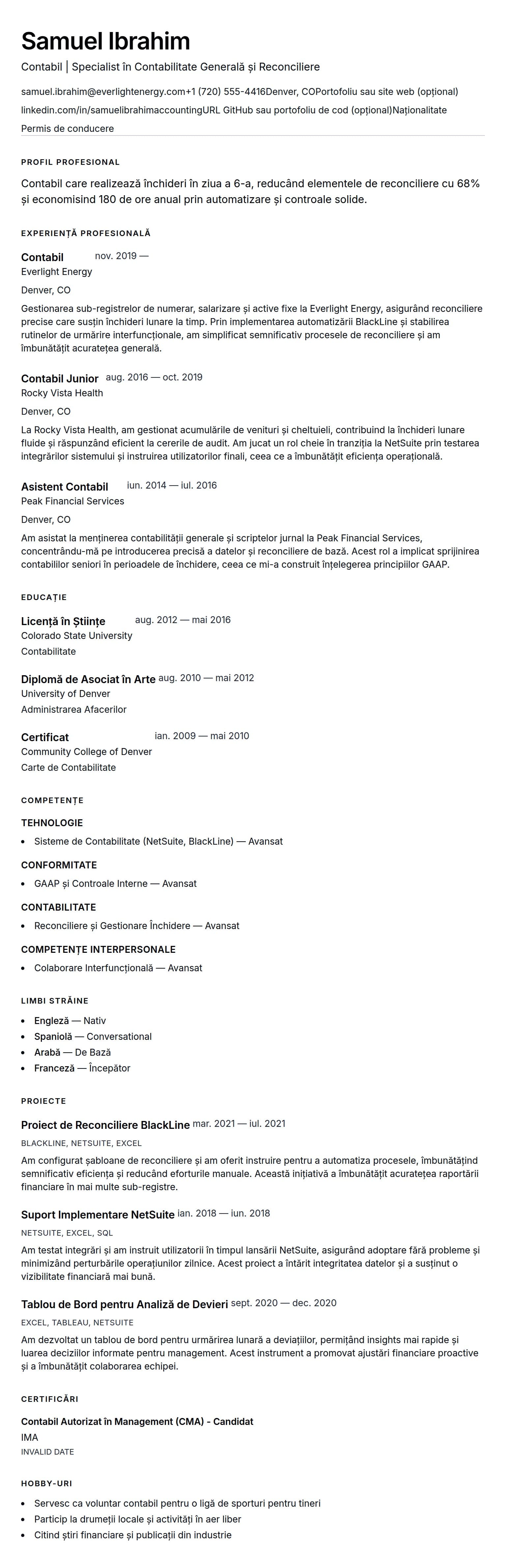 Exemplu de CV pentru Contabil
