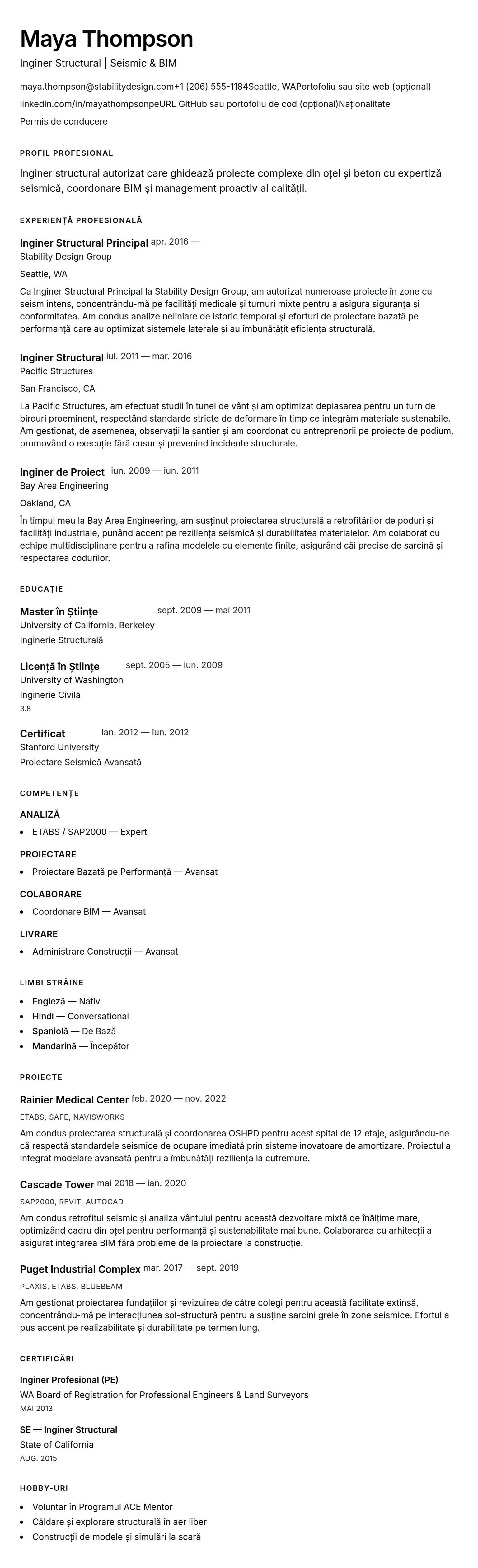 Exemplu de CV pentru Inginer Structural