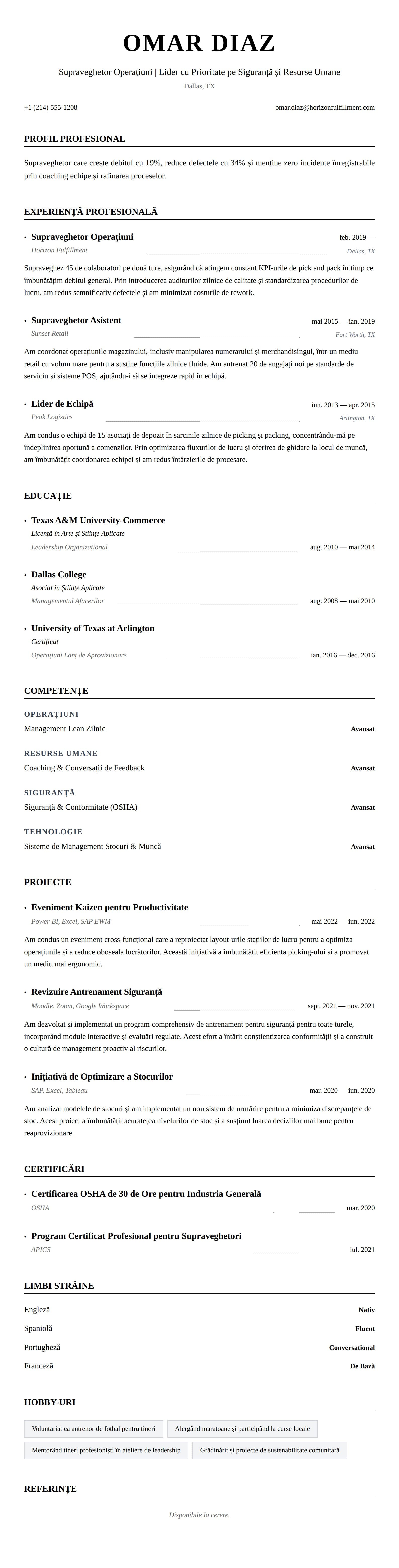 Previzualizare CV pentru Exemplu de CV pentru Supraveghetor
