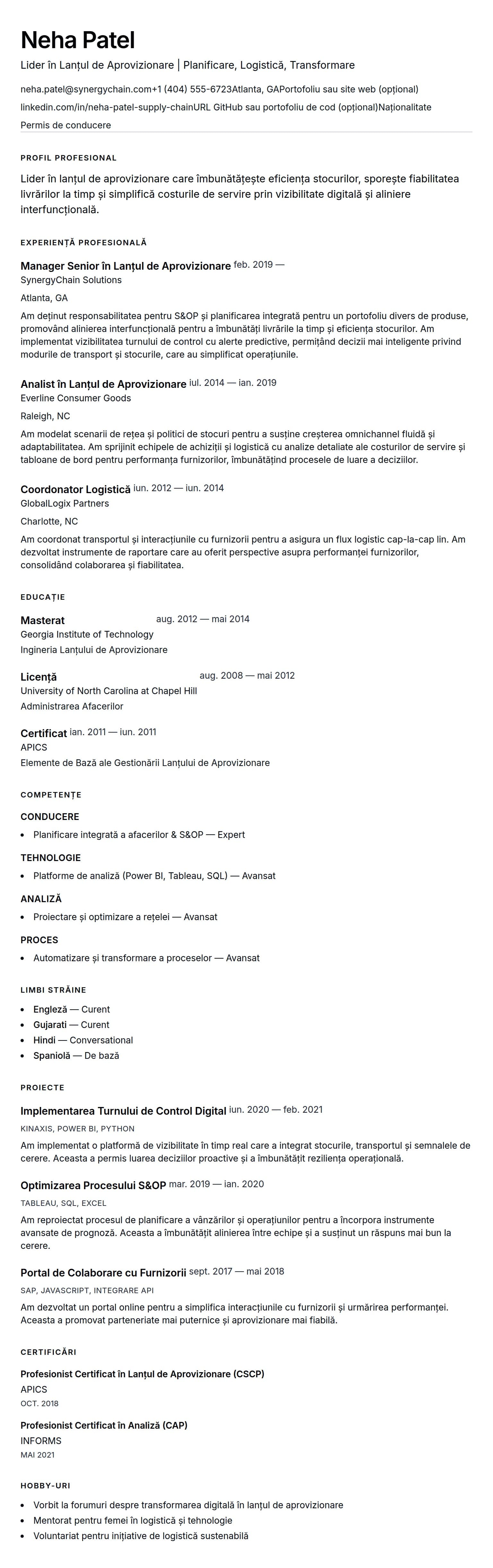 Exemplu de CV pentru Profesionist în Lanțul de Aprovizionare