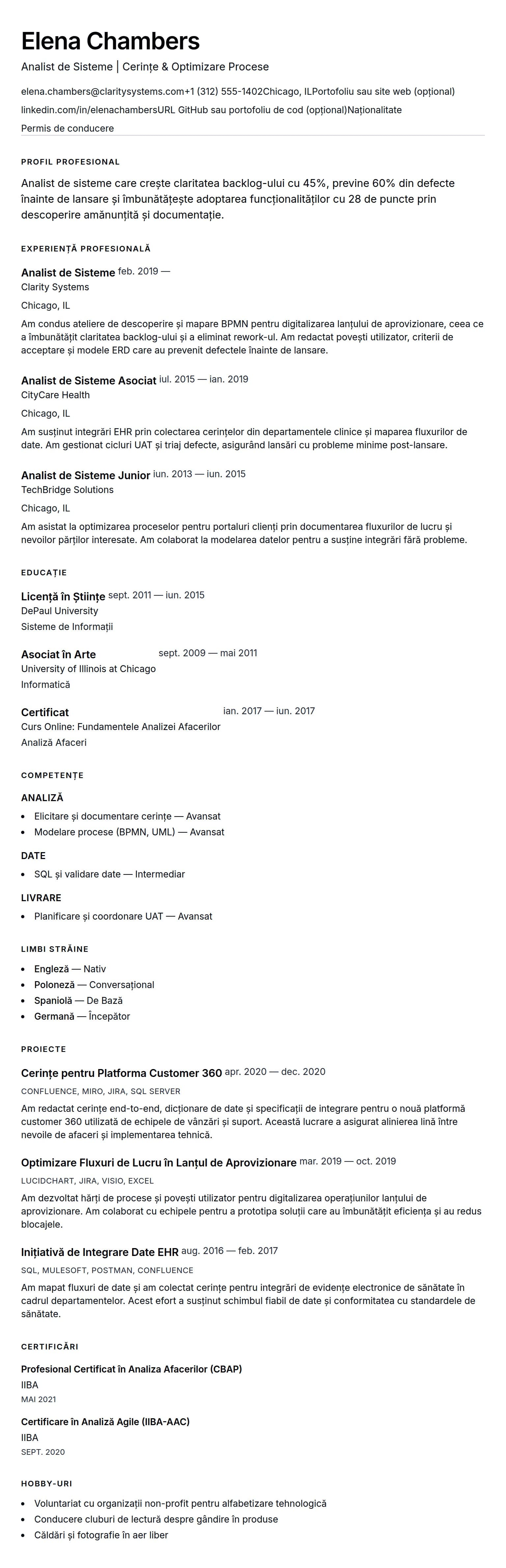 Previzualizare CV pentru Exemplu de CV pentru Analist de Sisteme