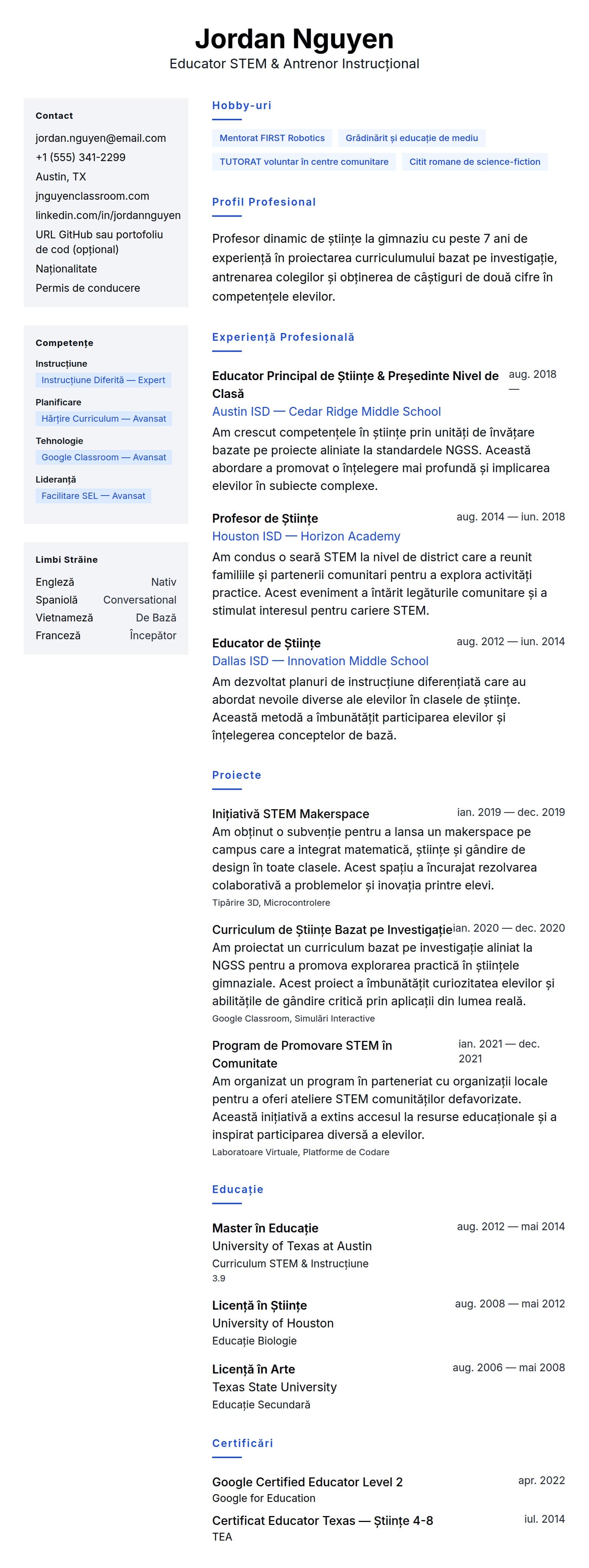 Previzualizare CV pentru Exemplu de CV Profesor