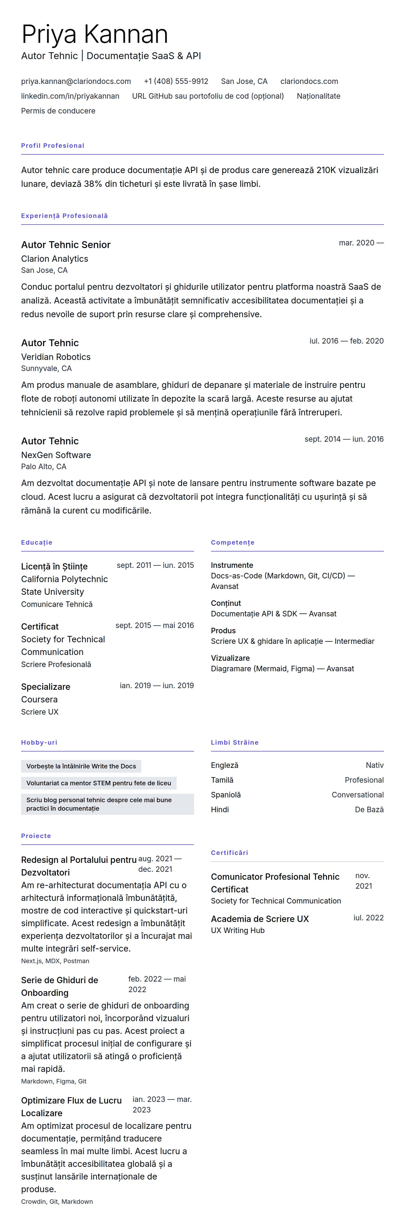 Previzualizare CV pentru Exemplu de CV pentru Autor Tehnic